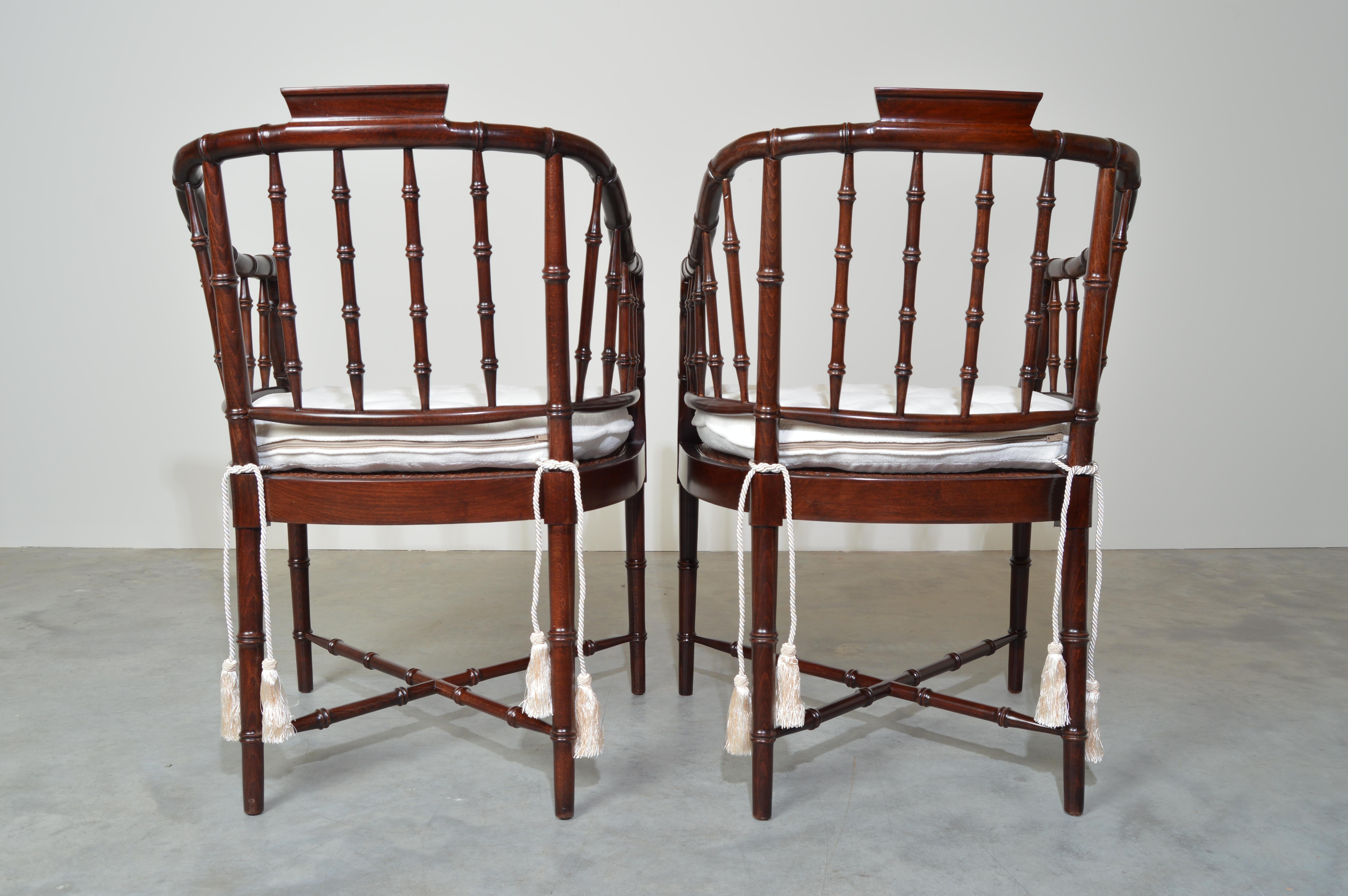 Baker Furniture Faux Bamboo and Cane Regency Armchairs In Excellent Condition In Southampton, NJ