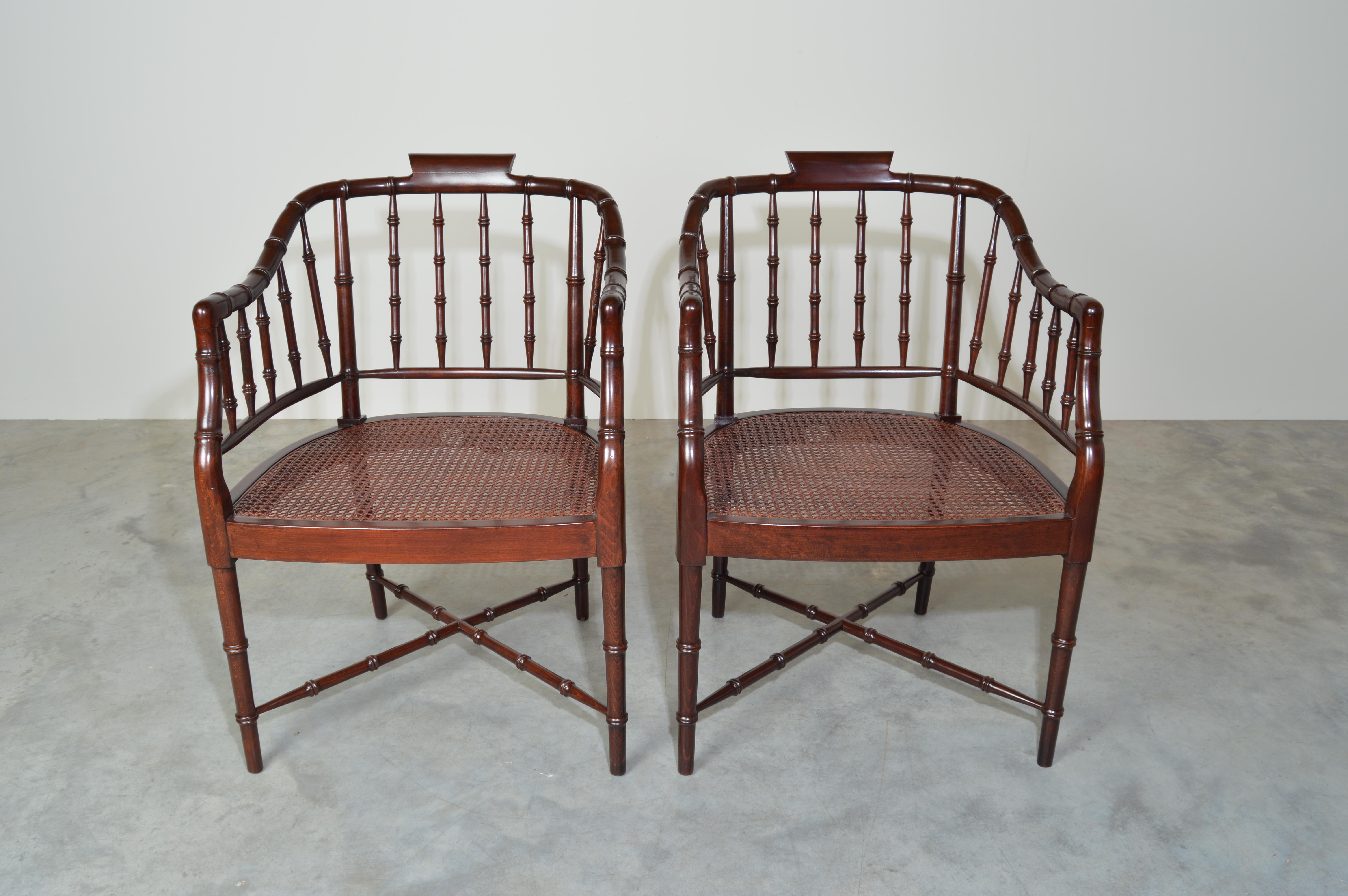 Bouclé Baker Furniture Faux Bamboo and Cane Regency Armchairs