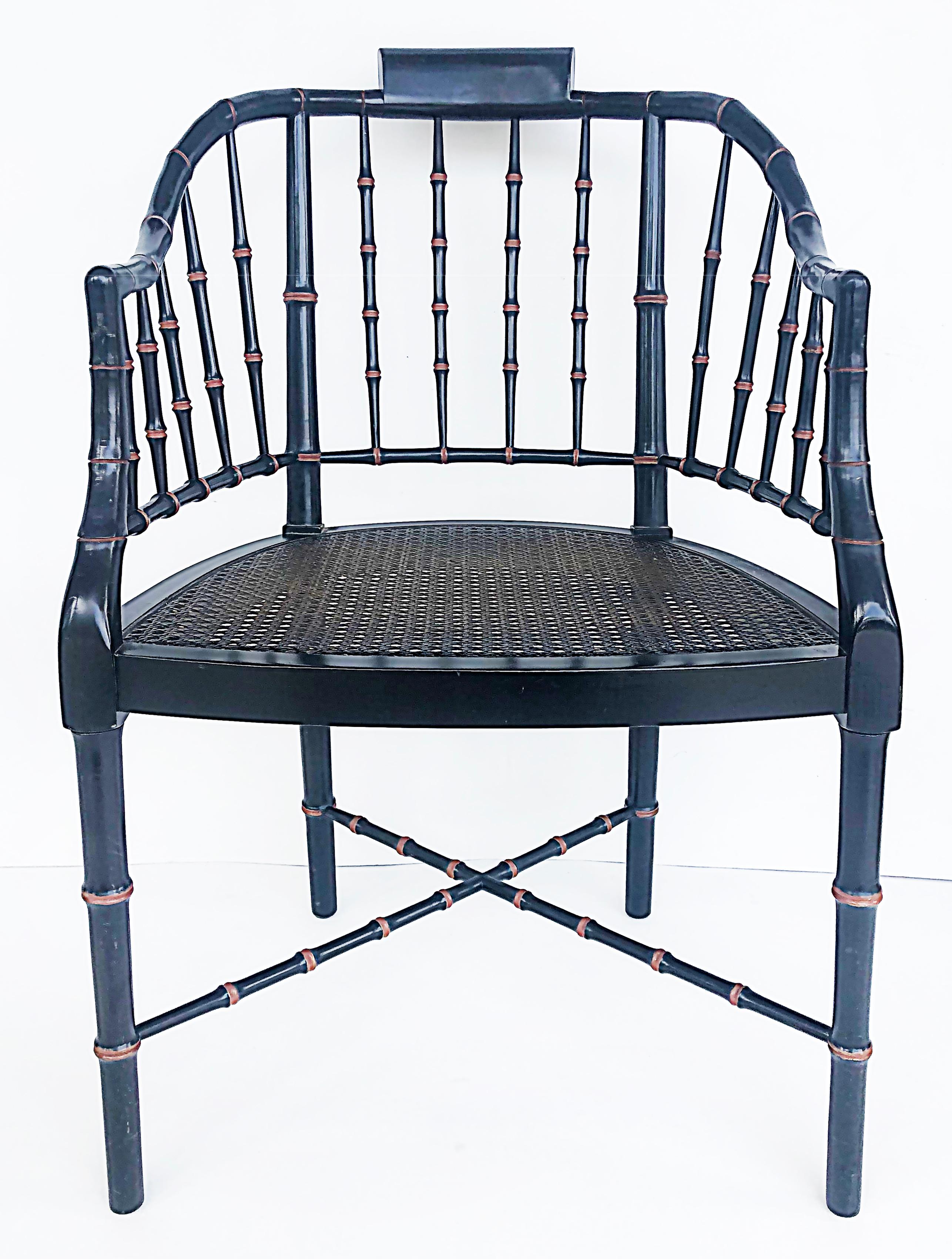 Baker Furniture faux-bamboo wood chair with caned seat 

Offered for sale is a fine Baker Furniture Company lacquered wood caned armchair with a caned seat. The chair is lacquered black with gold trim details. The Chair retains the original Baker