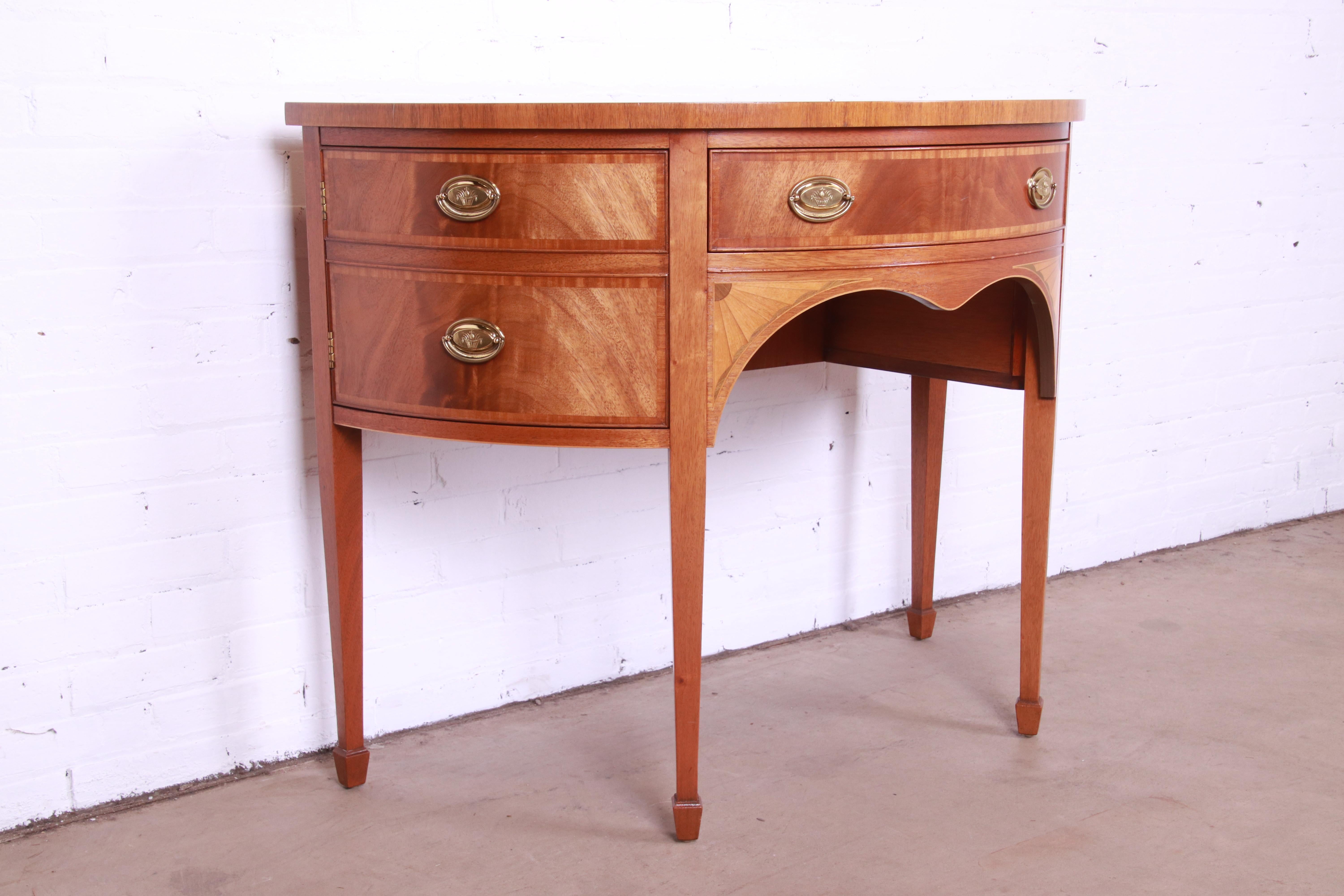 Brass Baker Furniture Federal Inlaid Mahogany and Satinwood Demilune Sideboard Cabinet For Sale