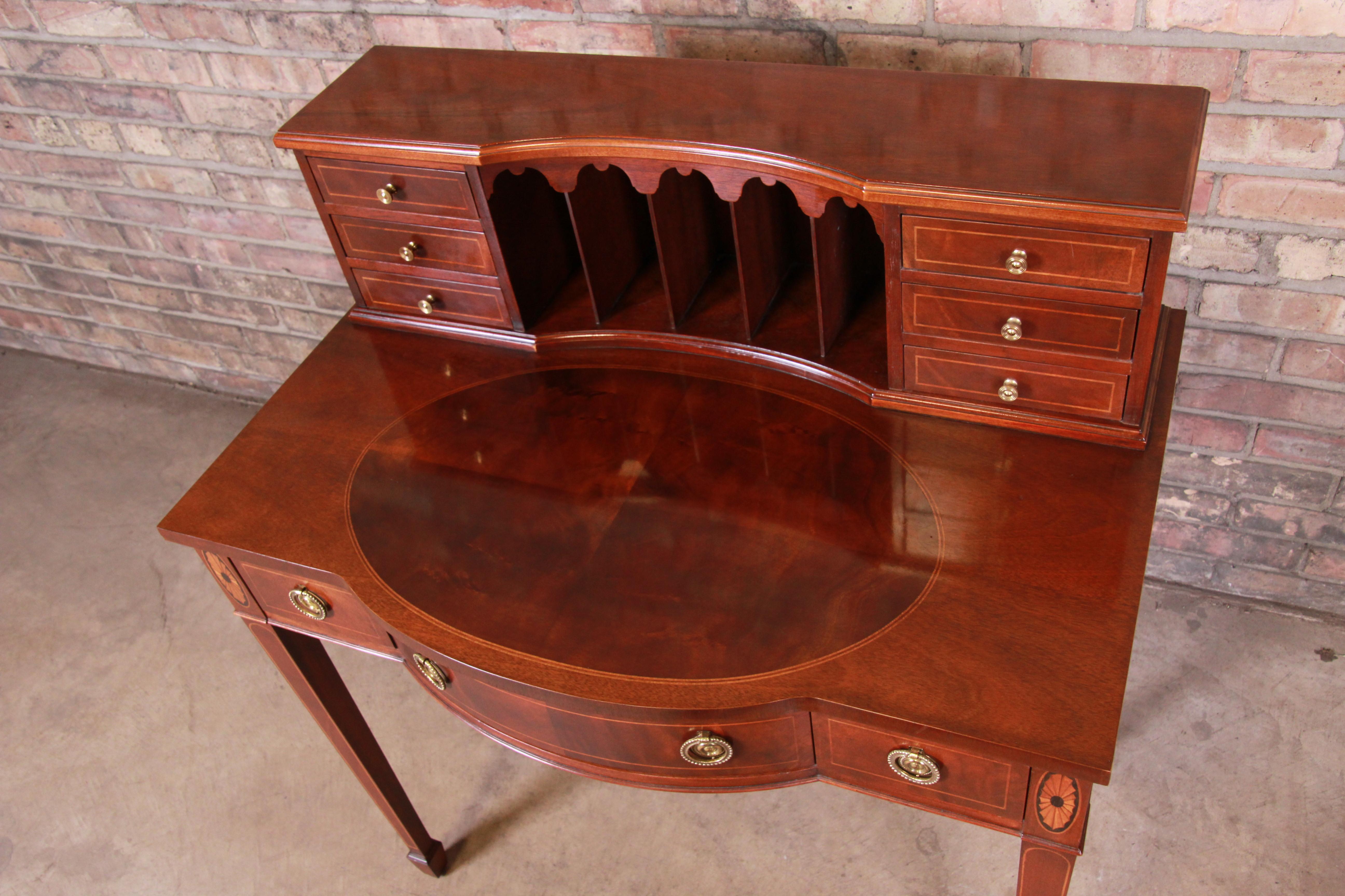 Baker Furniture Federal Inlaid Mahogany Bow Front Ladies Writing Desk In Good Condition In South Bend, IN