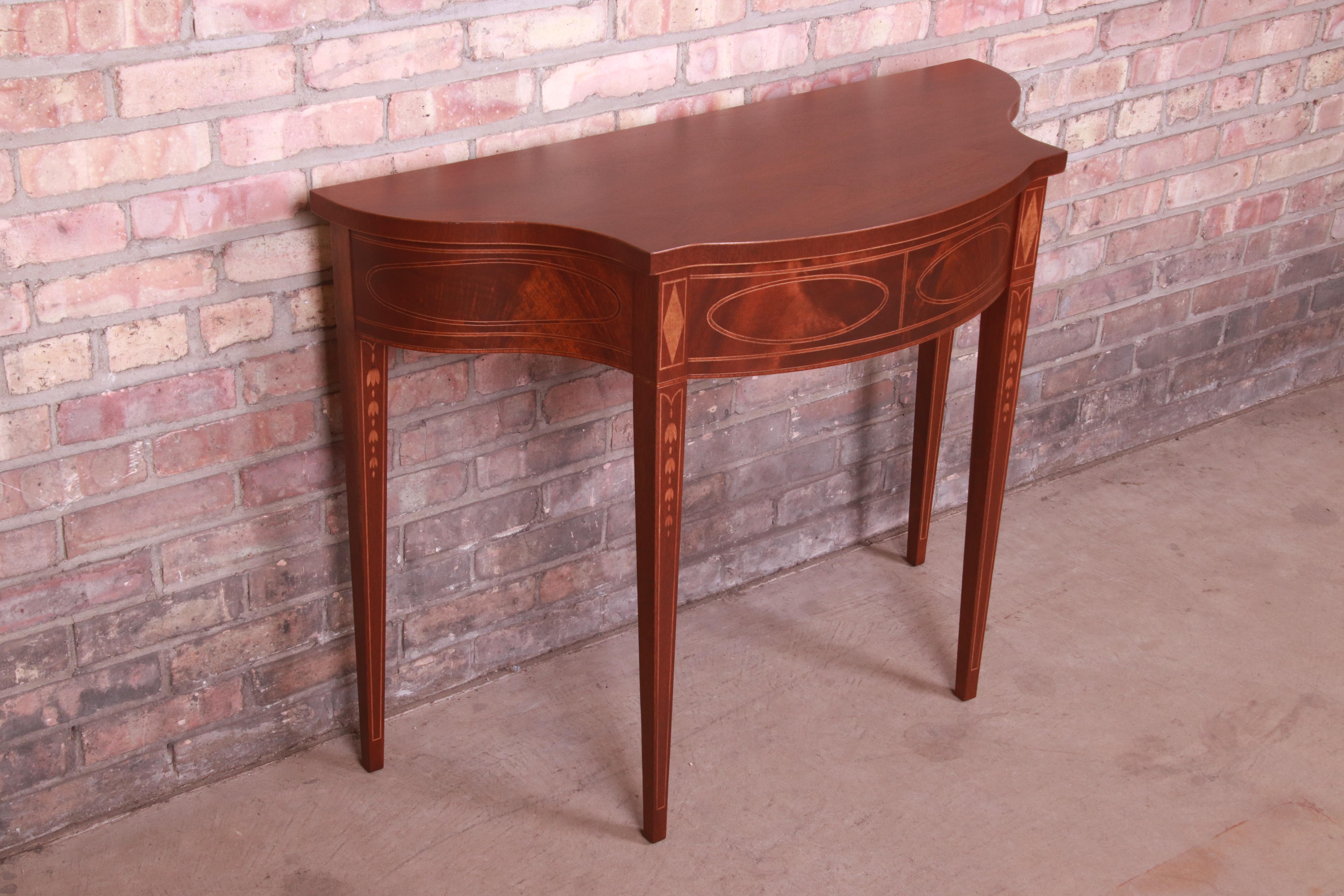 Satinwood Baker Furniture Federal Inlaid Mahogany Console or Entry Table, Newly Refinished For Sale