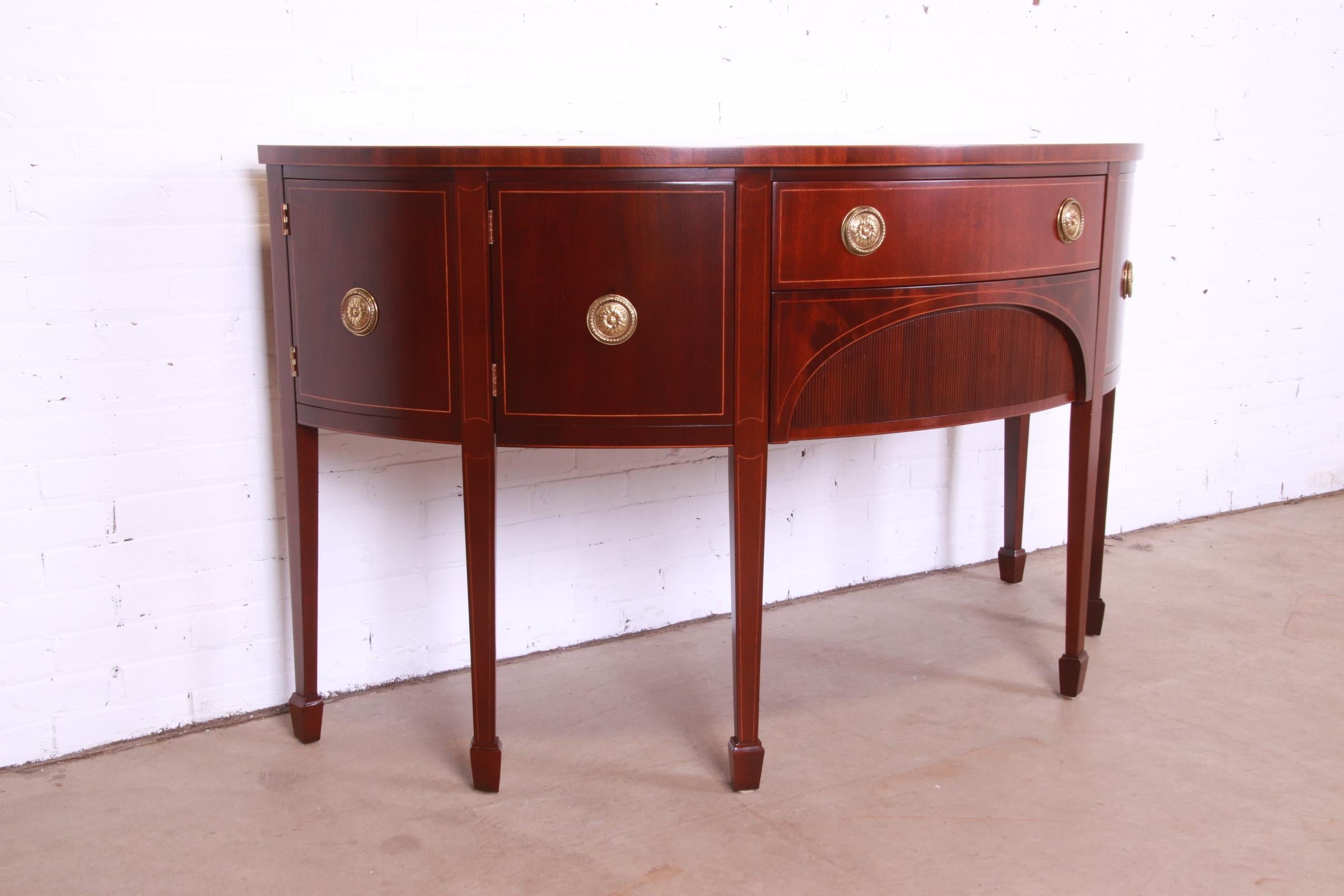 Brass Baker Furniture Federal Inlaid Mahogany Demilune Sideboard, Newly Refinished For Sale