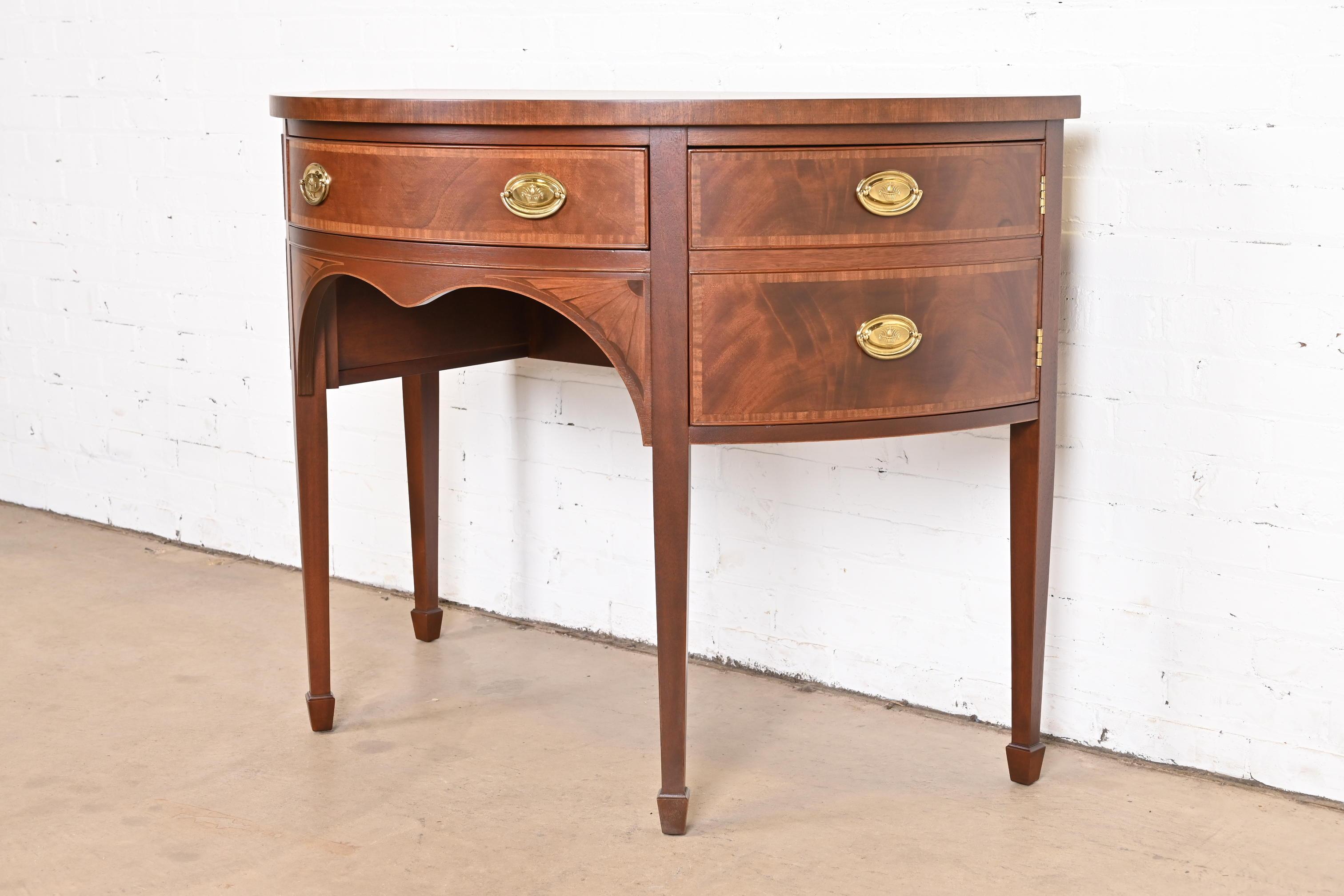 Late 20th Century Baker Furniture Federal Mahogany and Satinwood Demilune Cabinet, Refinished For Sale