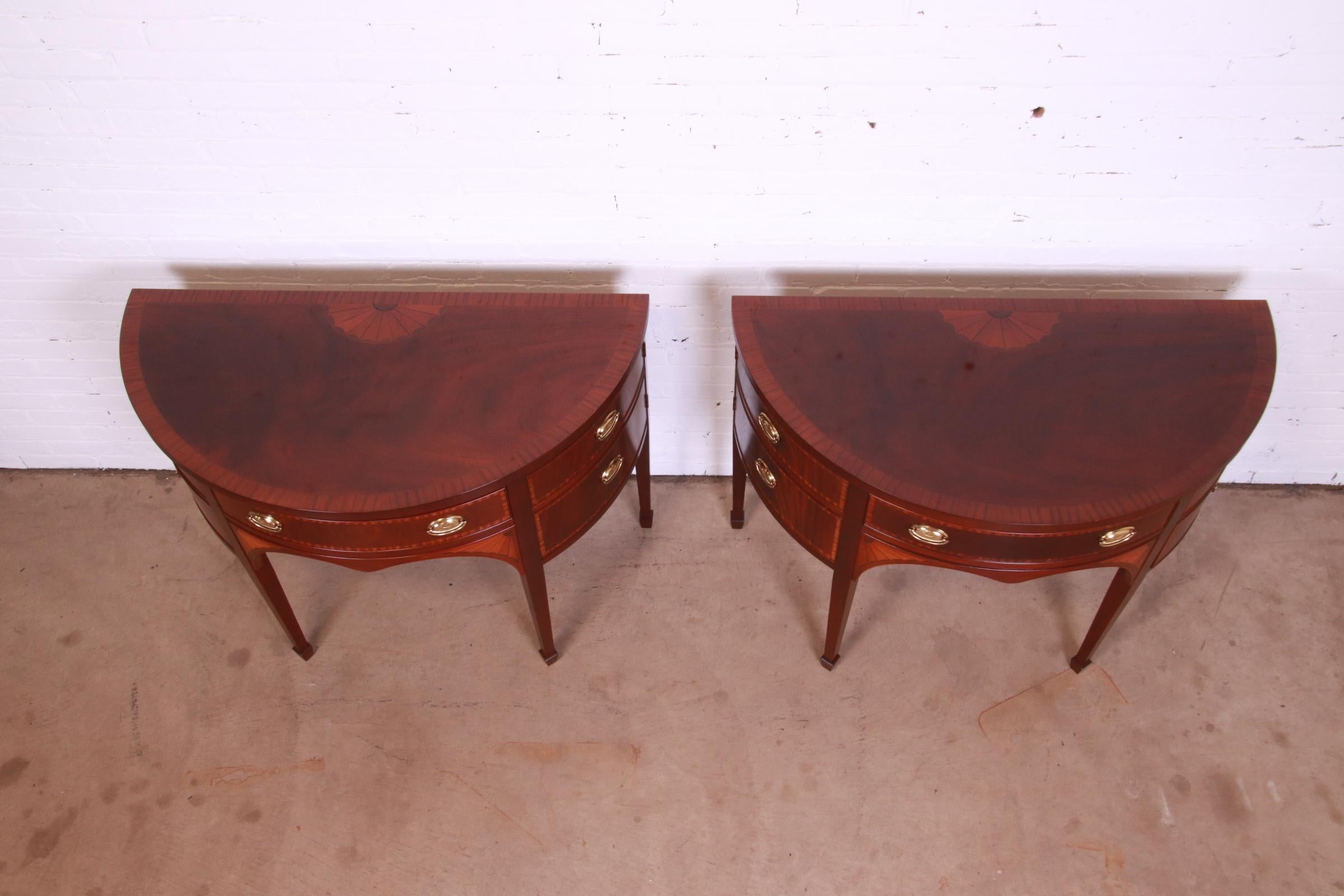 Baker Furniture Federal Mahogany and Satinwood Demilune Sideboards, Pair 6