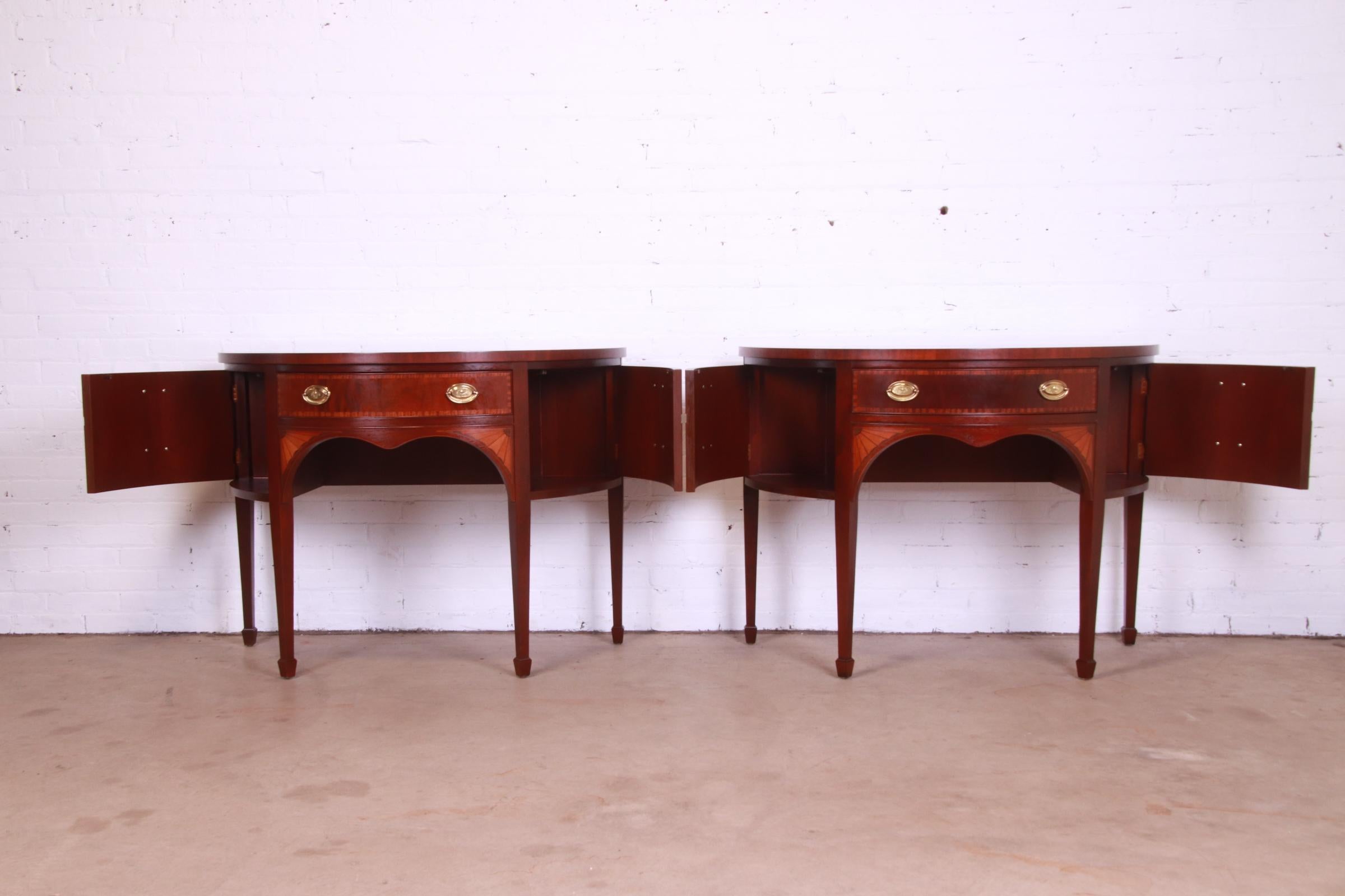 Baker Furniture Federal Mahogany and Satinwood Demilune Sideboards, Pair In Good Condition In South Bend, IN