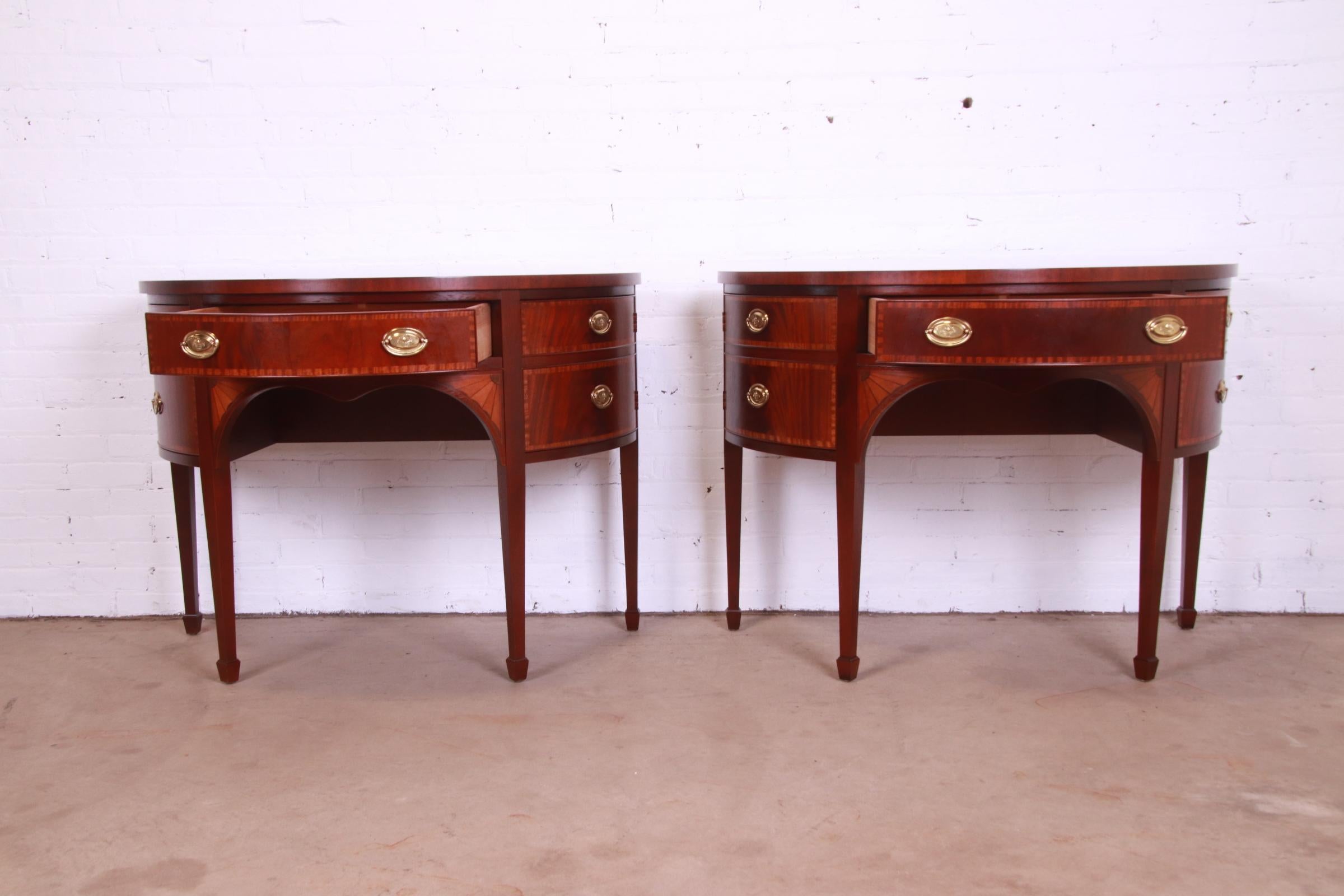 20th Century Baker Furniture Federal Mahogany and Satinwood Demilune Sideboards, Pair