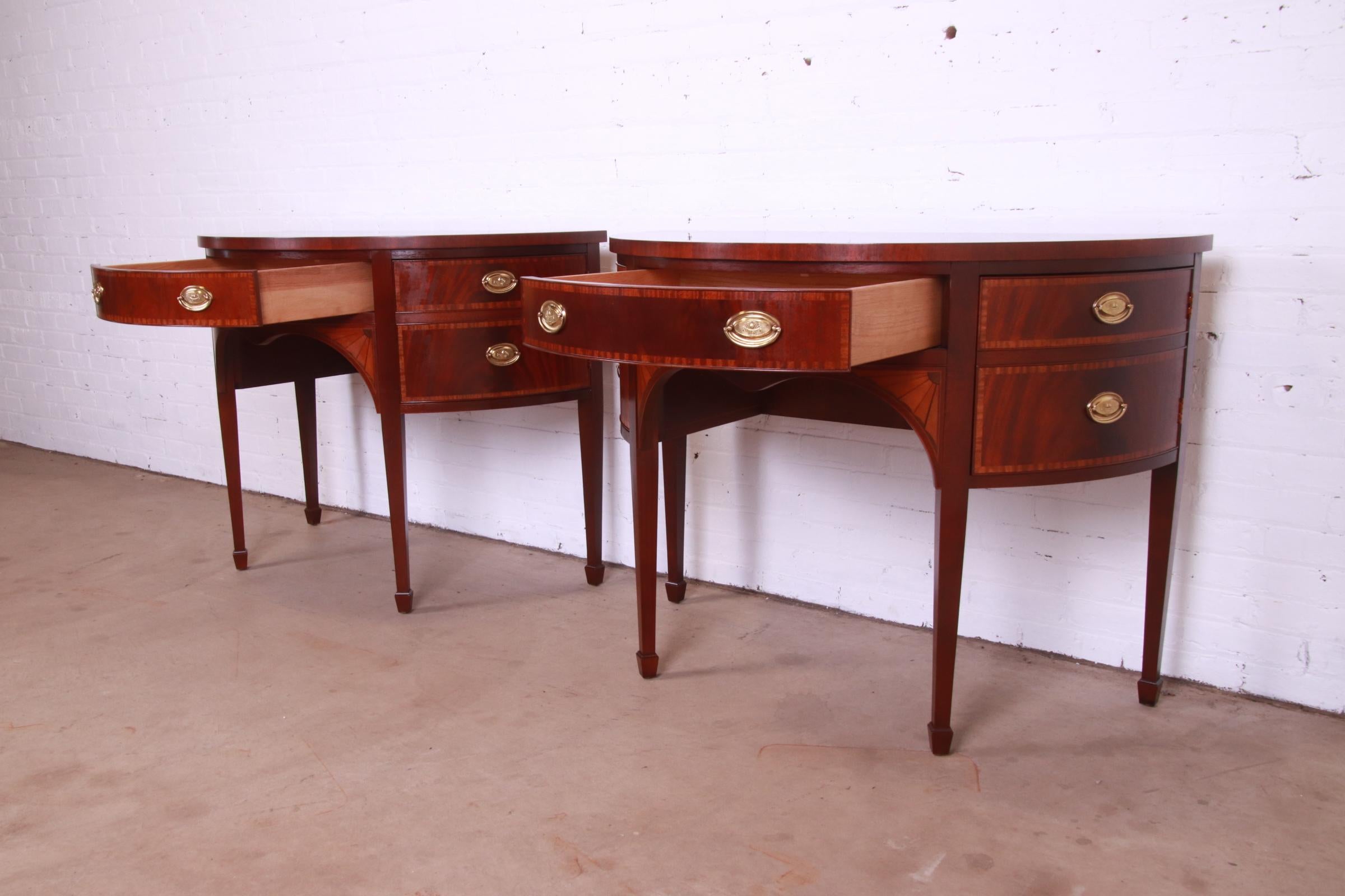 Baker Furniture Federal Mahogany and Satinwood Demilune Sideboards, Pair 1
