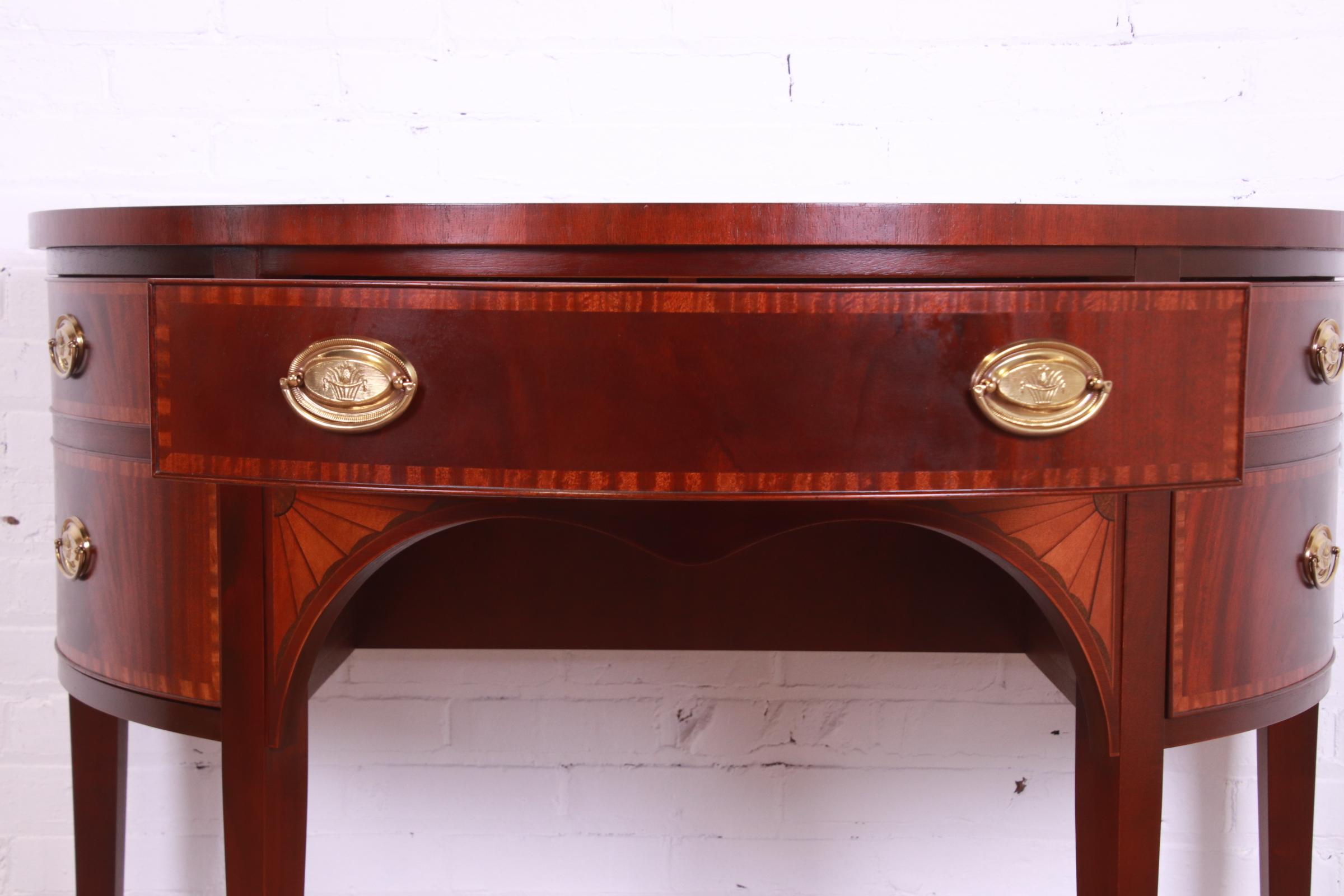 Baker Furniture Federal Mahogany and Satinwood Demilune Sideboards, Pair 2