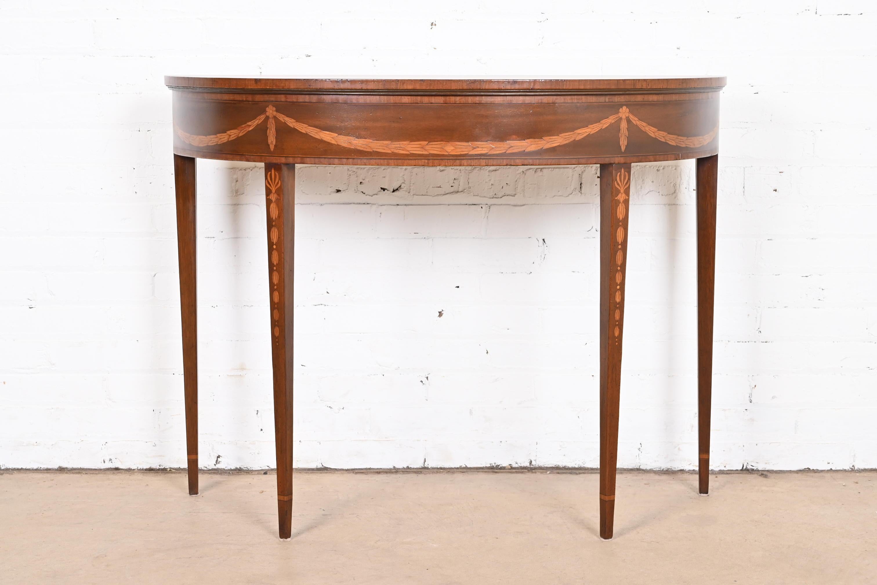 American Baker Furniture Federal Mahogany and Satinwood Marquetry Demilune Console Table