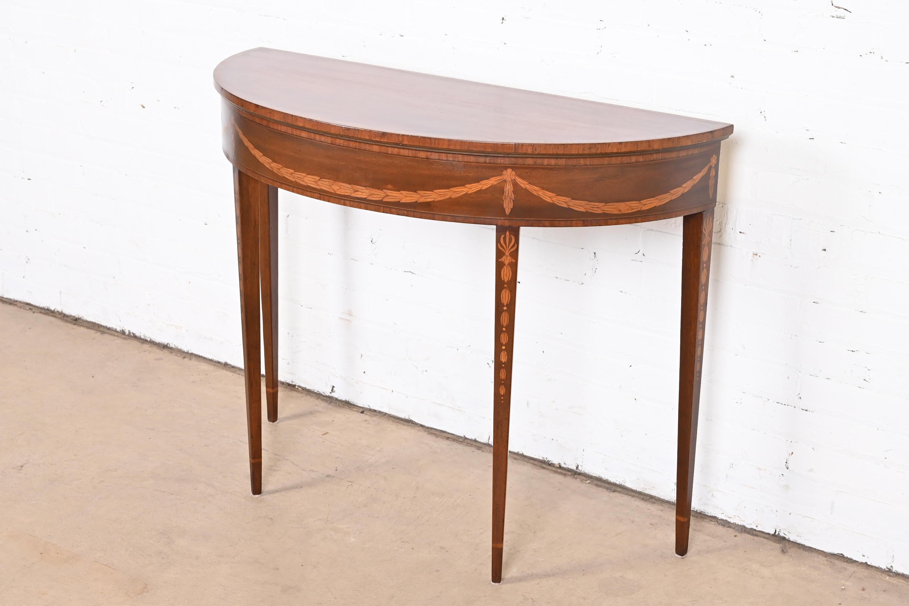 Baker Furniture Federal Mahogany and Satinwood Marquetry Demilune Console Table In Good Condition In South Bend, IN