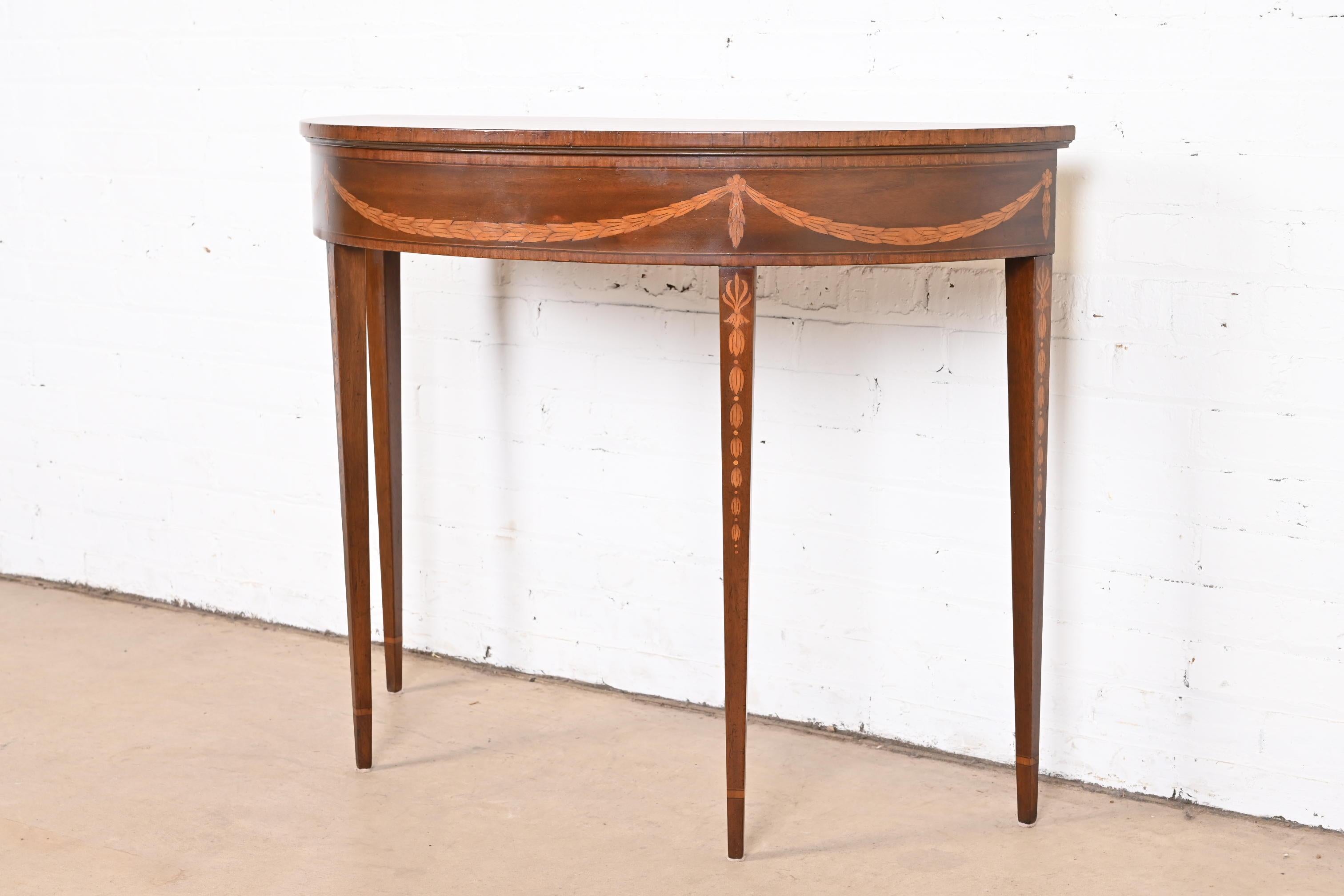 20th Century Baker Furniture Federal Mahogany and Satinwood Marquetry Demilune Console Table