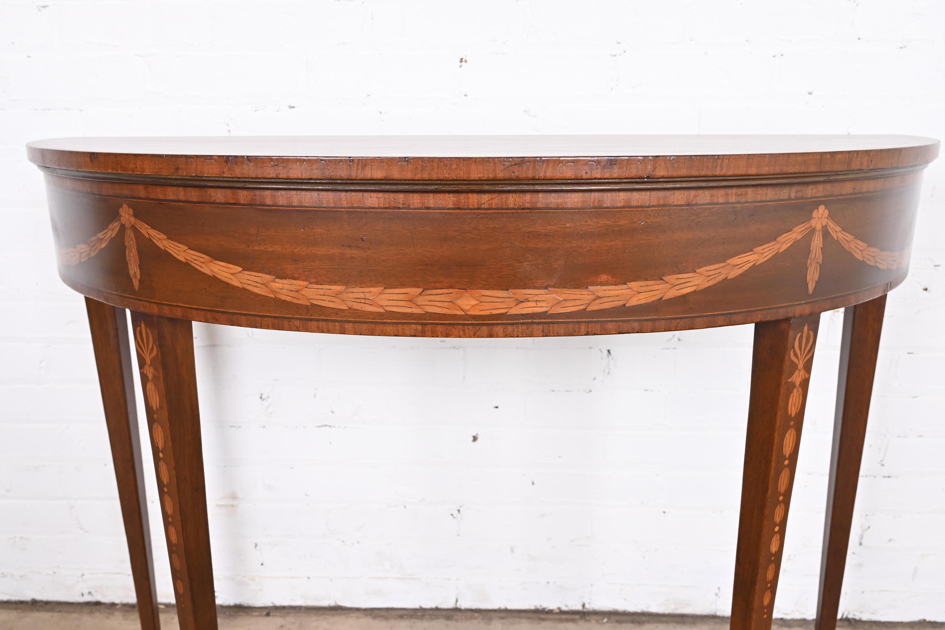 Baker Furniture Federal Mahogany and Satinwood Marquetry Demilune Console Table 3