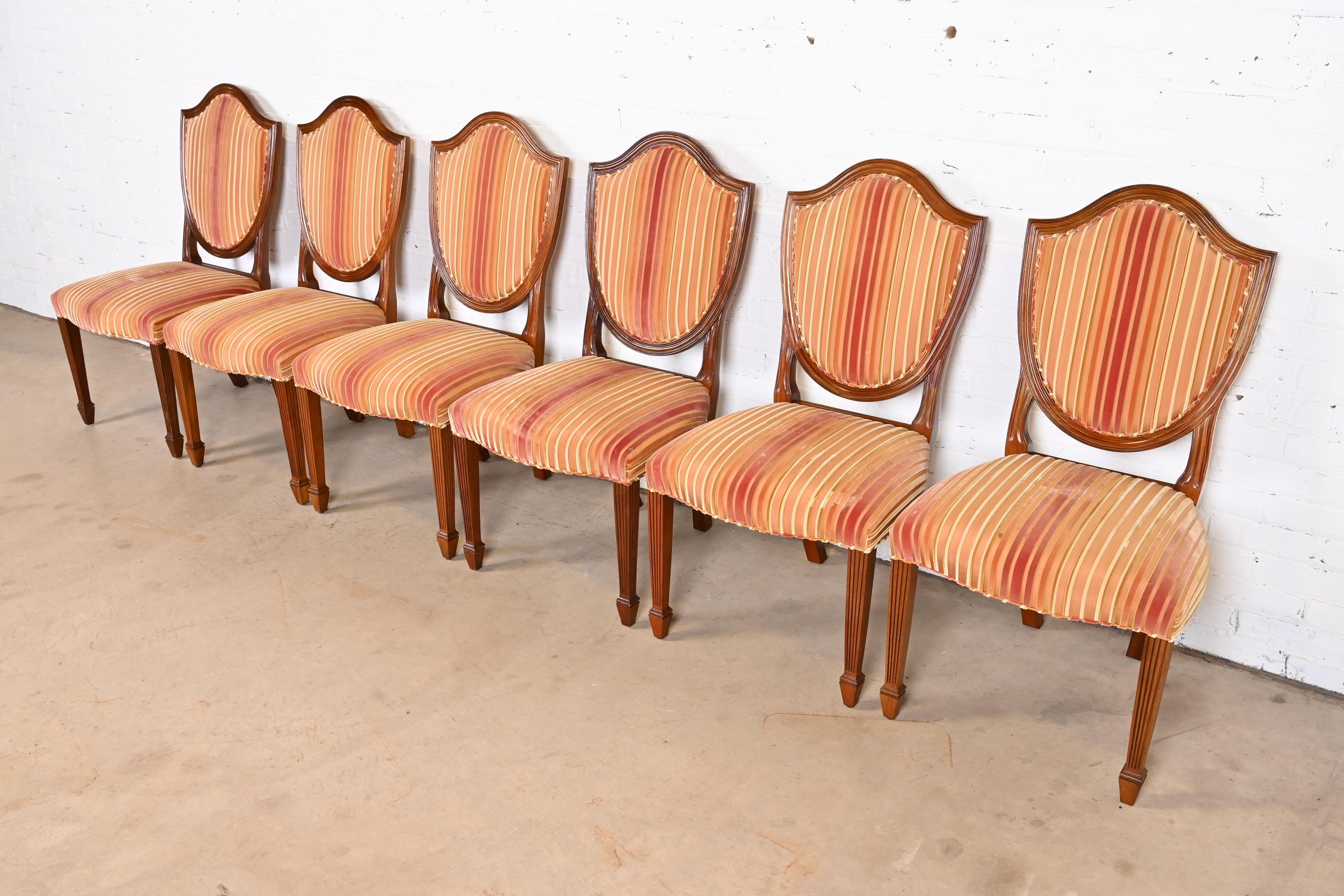 Velvet Baker Furniture Federal Mahogany Shield Back Dining Chairs, Set of Six For Sale