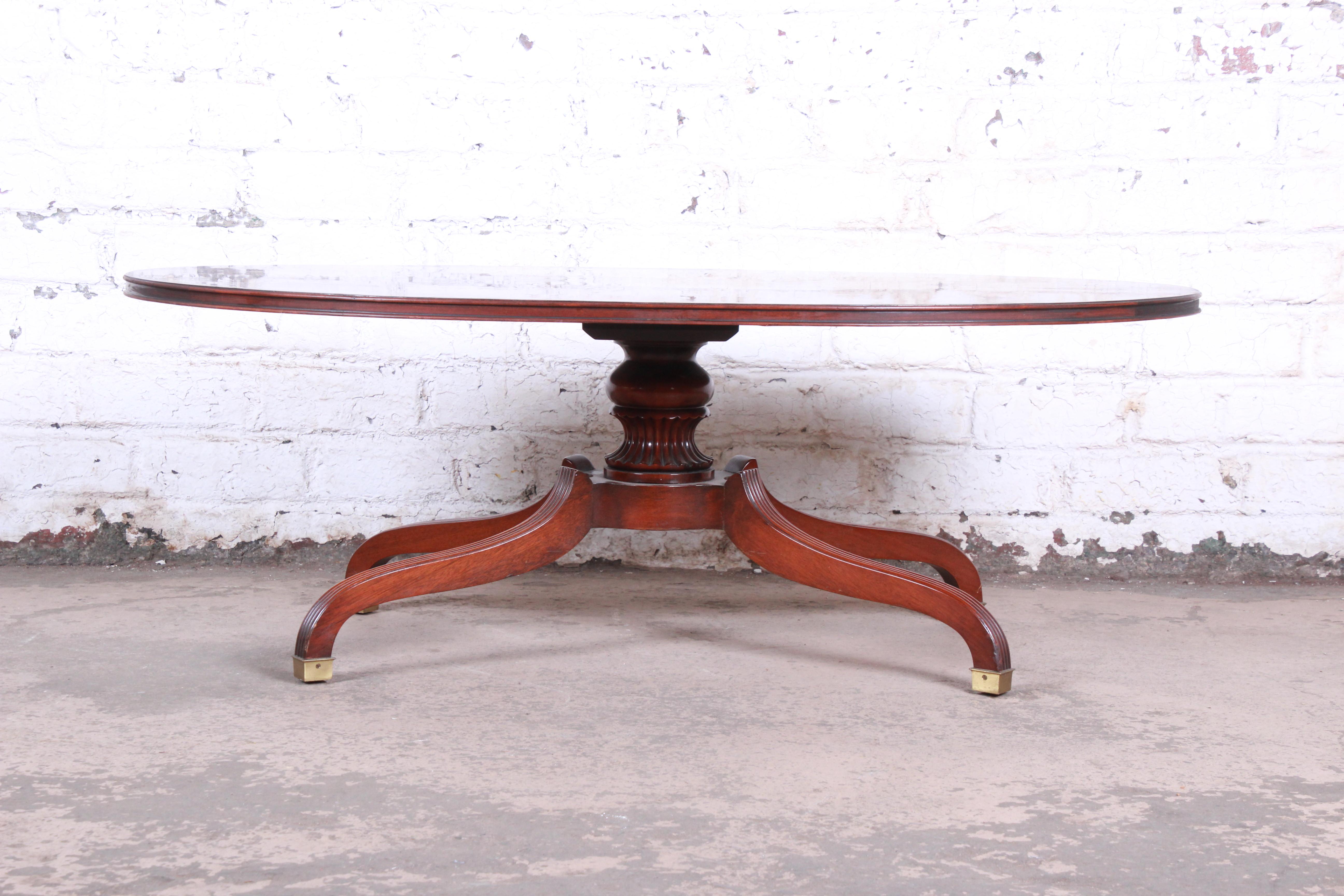 Flame mahogany Regency style coffee table

Made by Baker Furniture Company

USA, circa 1980s

Mahogany and brass

Measures: 50