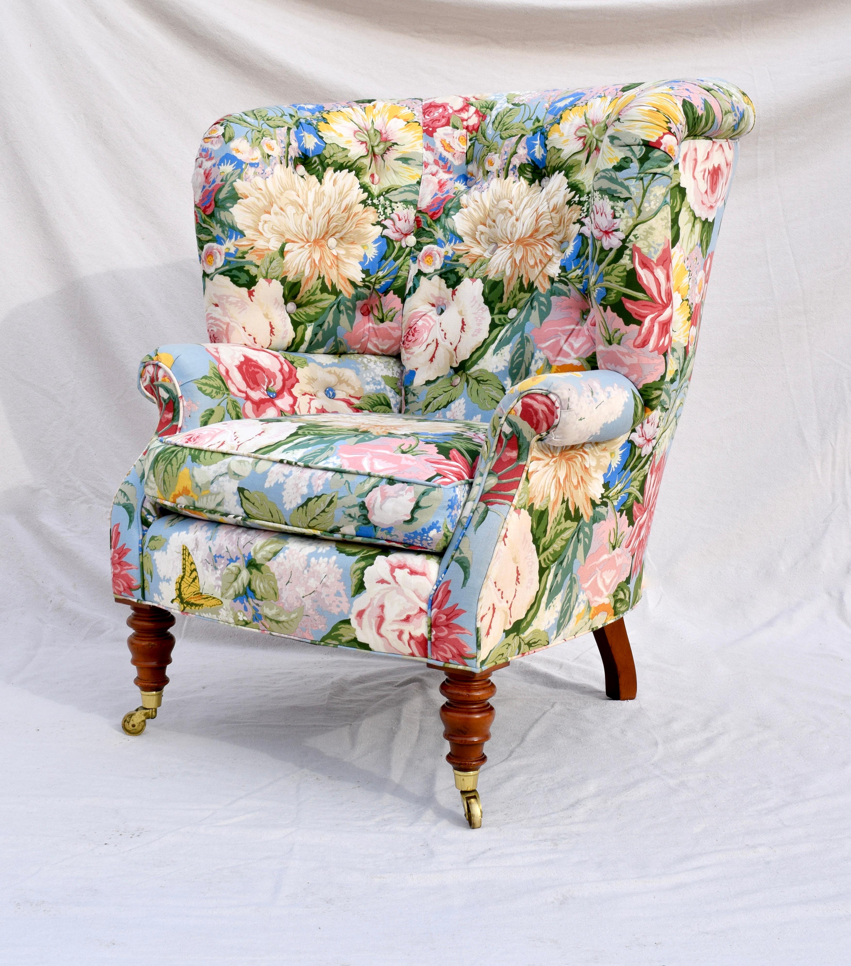 Georgian Baker Furniture Floral Tufted Wingback Chair on Brass Casters