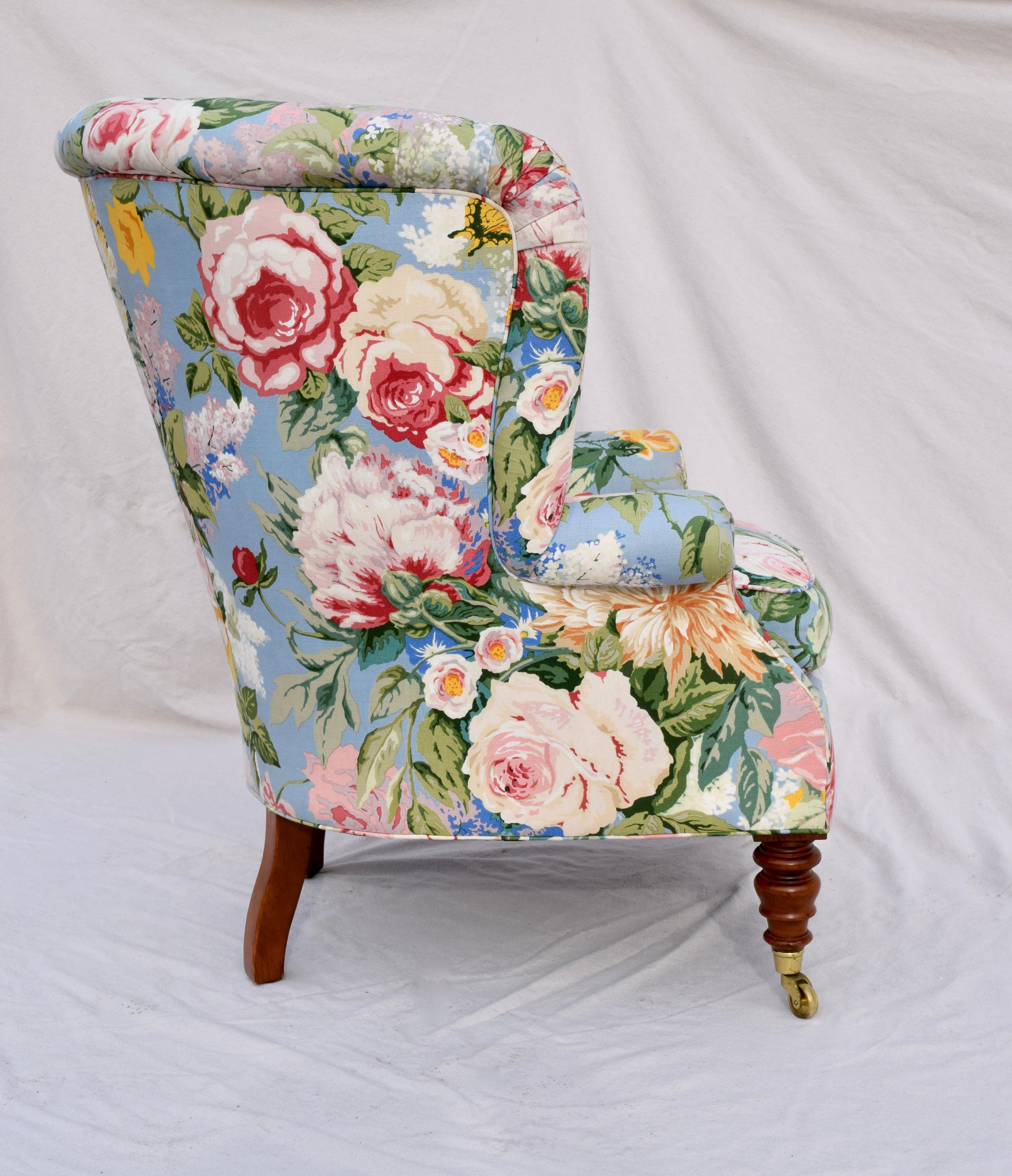 American Baker Furniture Floral Tufted Wingback Chair on Brass Casters