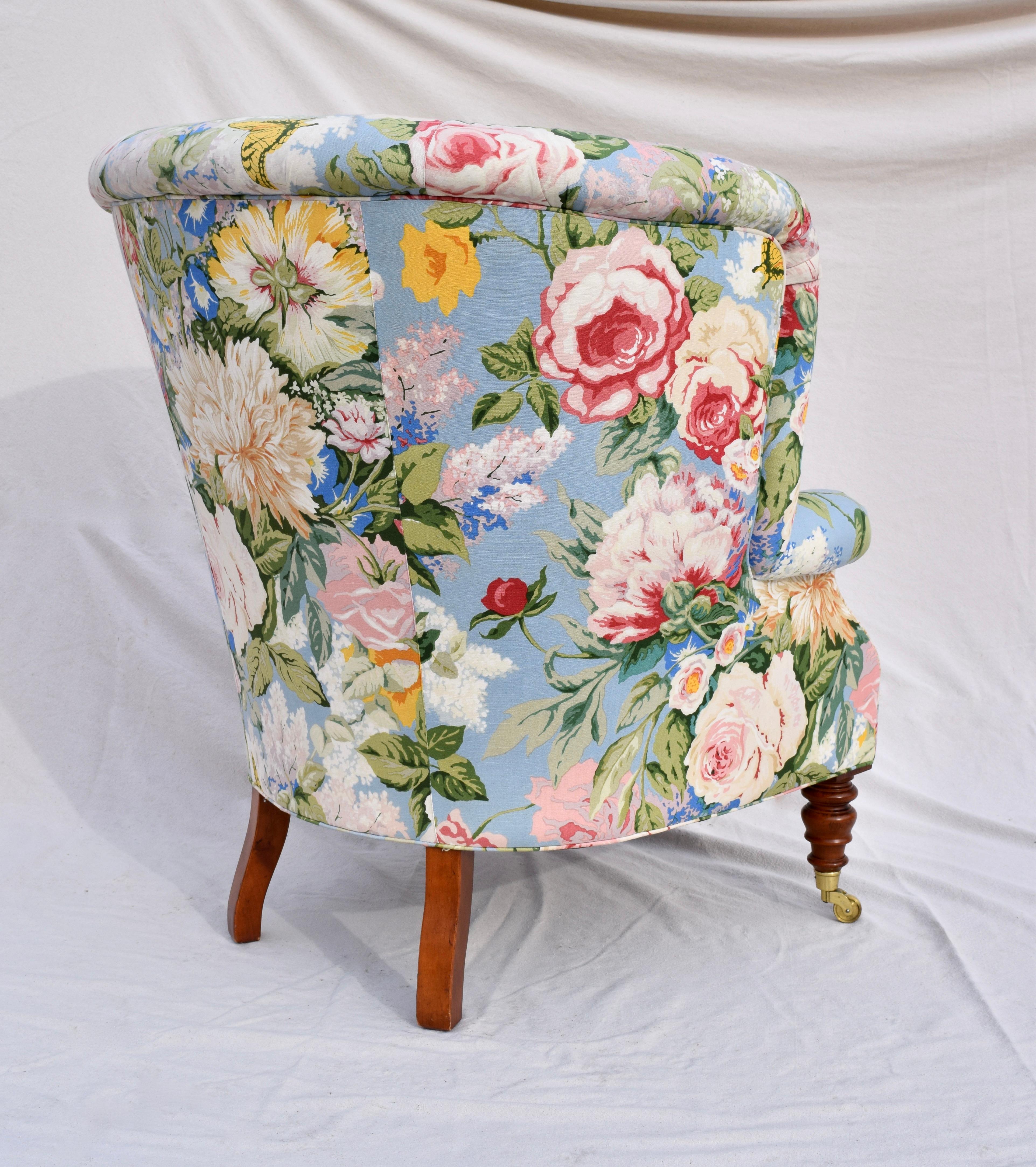 Baker Furniture Floral Tufted Wingback Chair on Brass Casters In Excellent Condition In Southampton, NJ