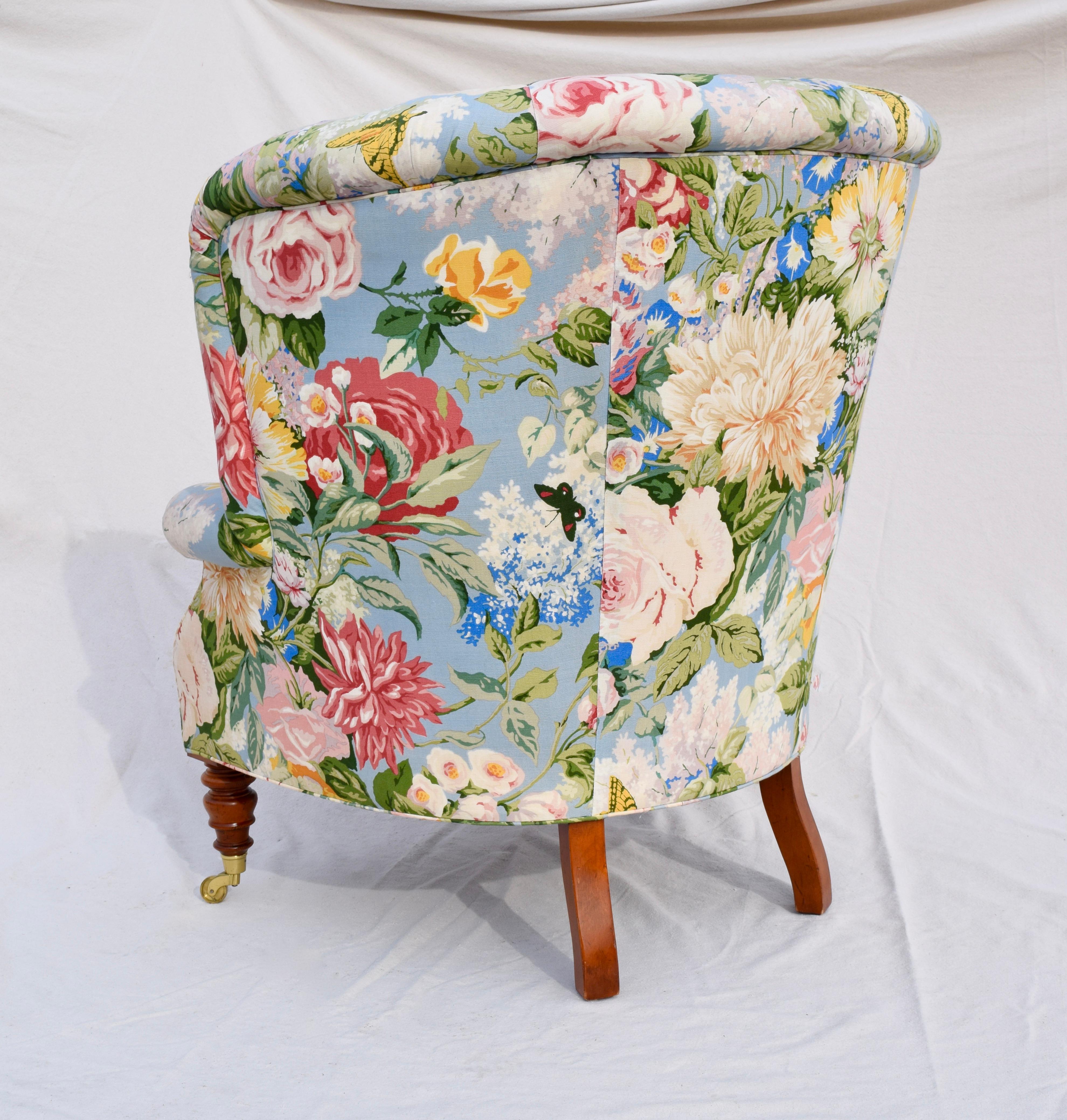 20th Century Baker Furniture Floral Tufted Wingback Chair on Brass Casters