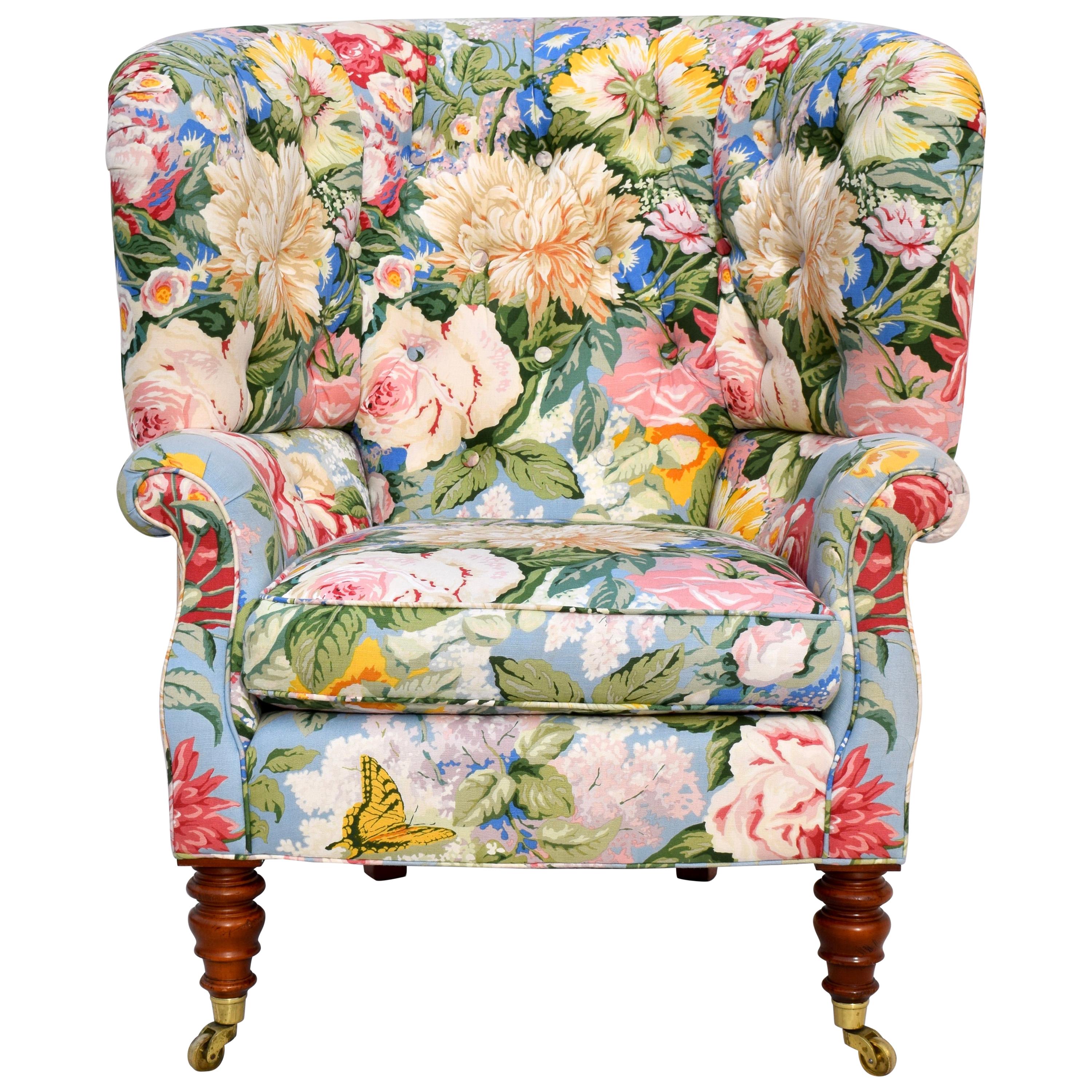 Baker Furniture Floral Tufted Wingback Chair on Brass Casters