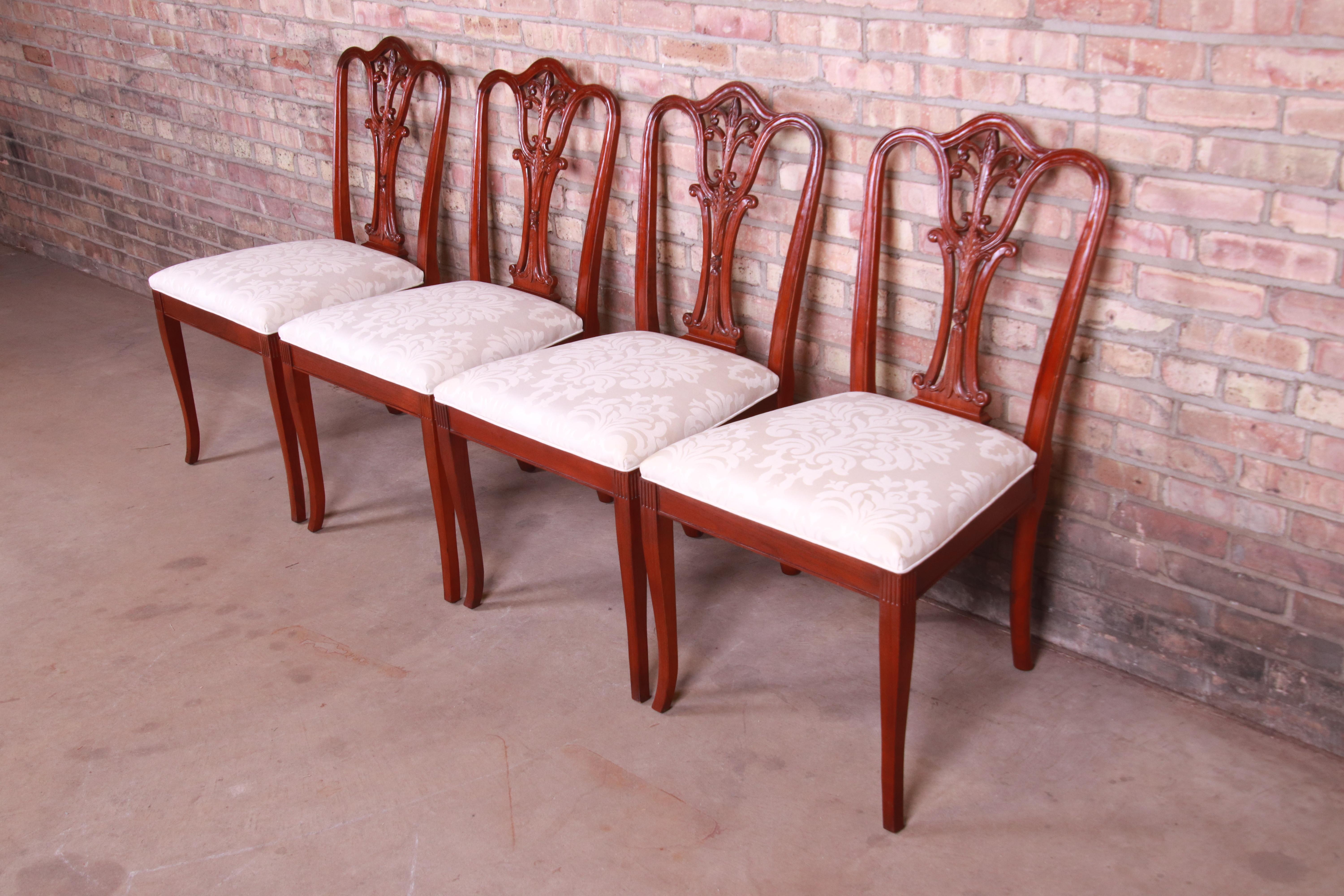 French Provincial Baker Furniture French Carved Mahogany Dining Chairs, Set of Four