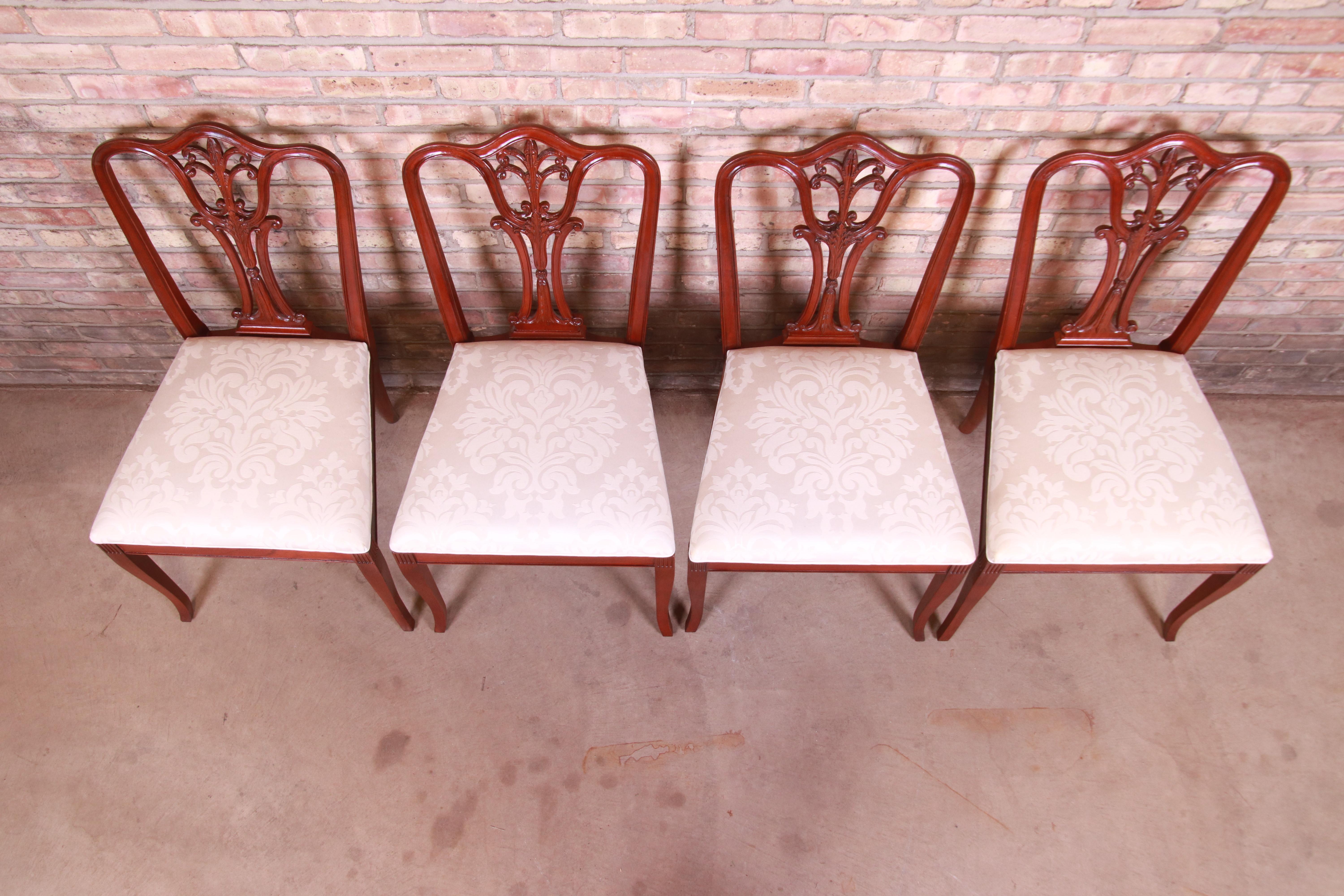 Upholstery Baker Furniture French Carved Mahogany Dining Chairs, Set of Four