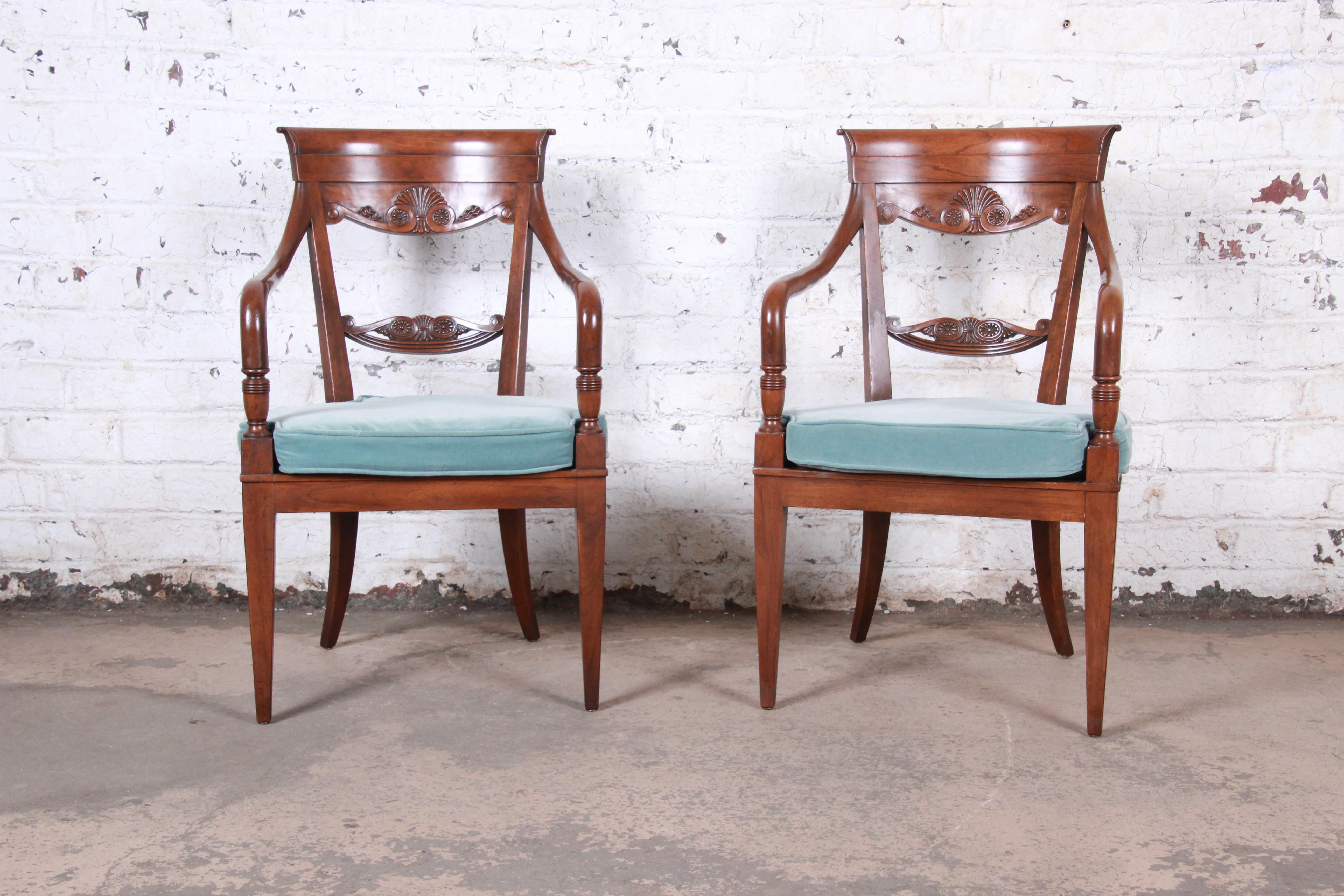 French Provincial Baker Furniture French Carved Walnut Lounge Chairs, Pair