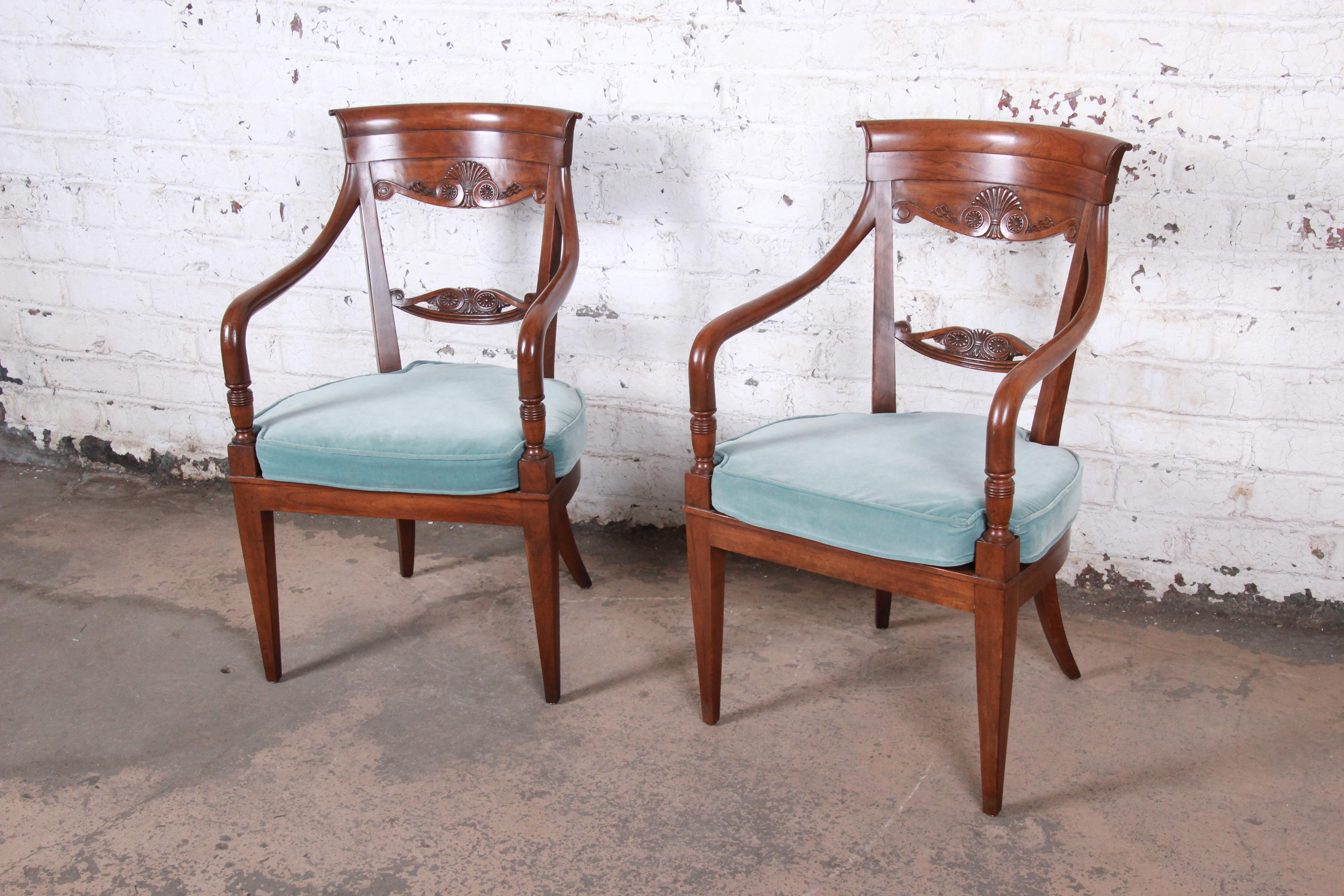 American Baker Furniture French Carved Walnut Lounge Chairs, Pair