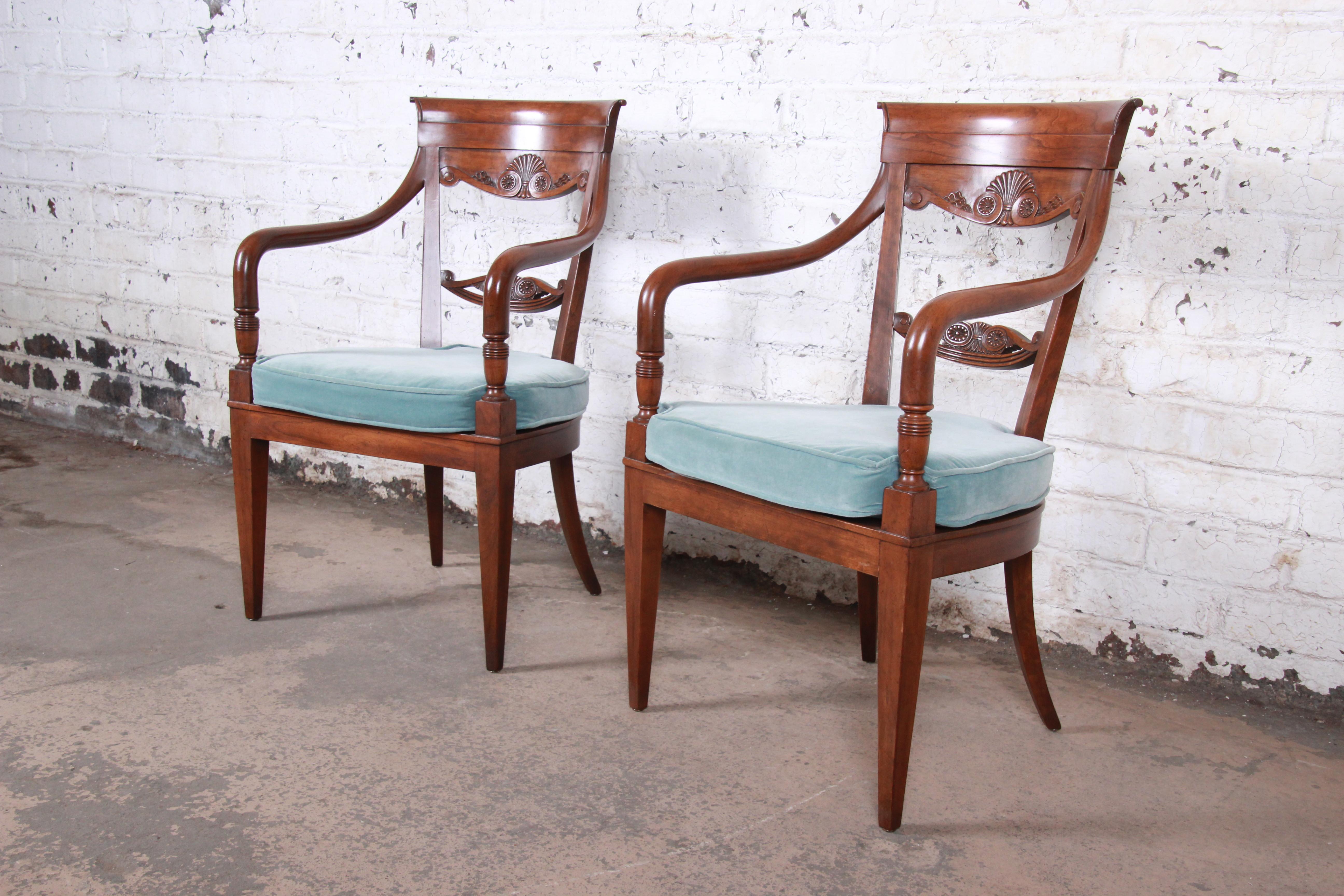 Baker Furniture French Carved Walnut Lounge Chairs, Pair In Good Condition In South Bend, IN
