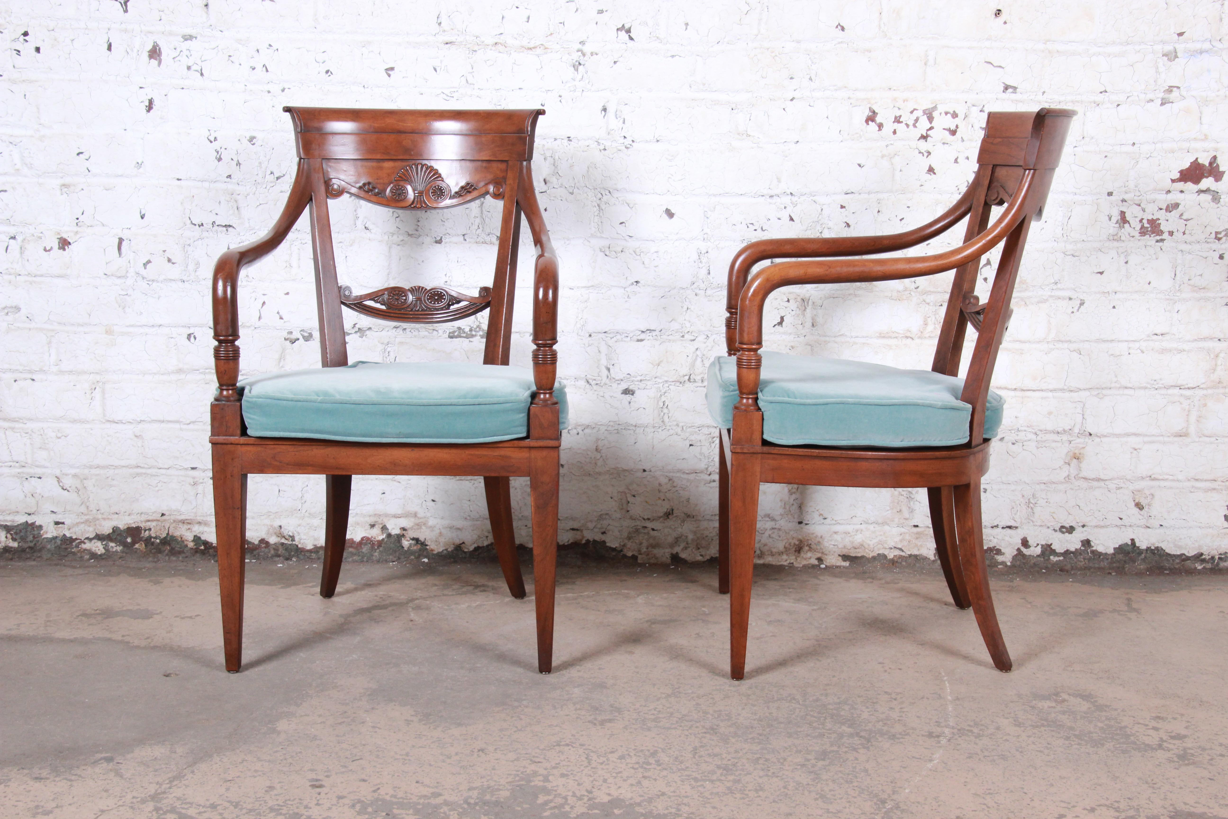 Velvet Baker Furniture French Carved Walnut Lounge Chairs, Pair