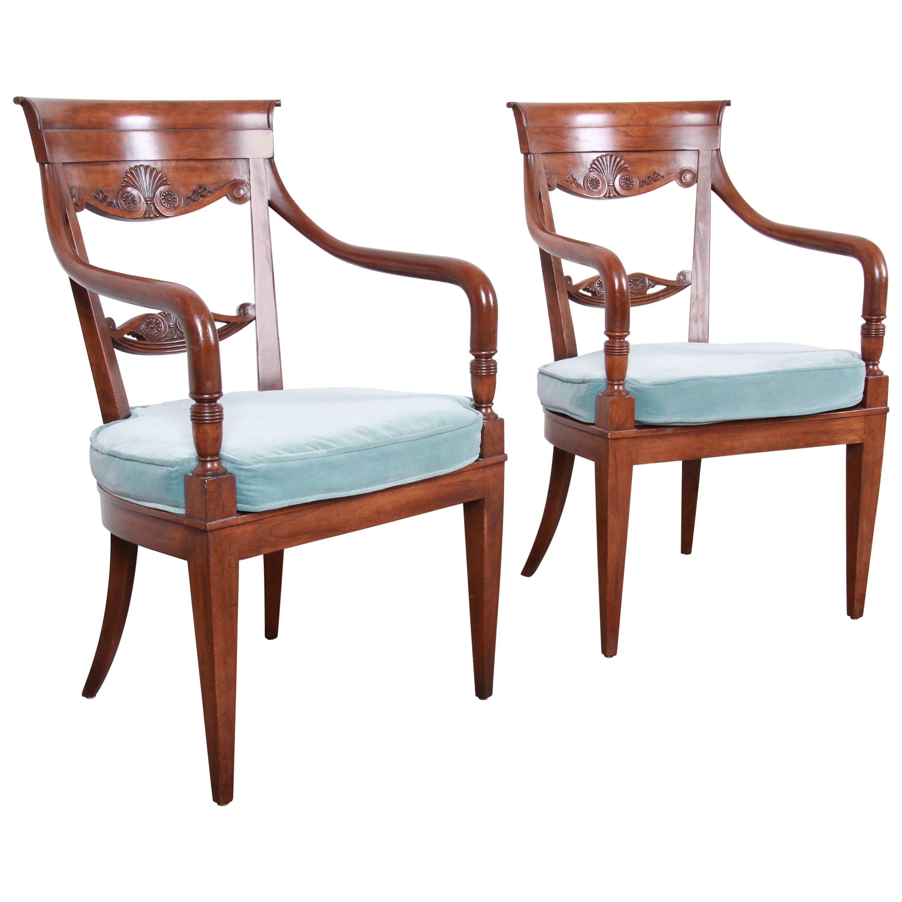 Baker Furniture French Carved Walnut Lounge Chairs, Pair
