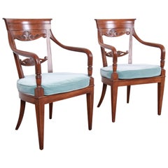 Baker Furniture French Carved Walnut Lounge Chairs, Pair