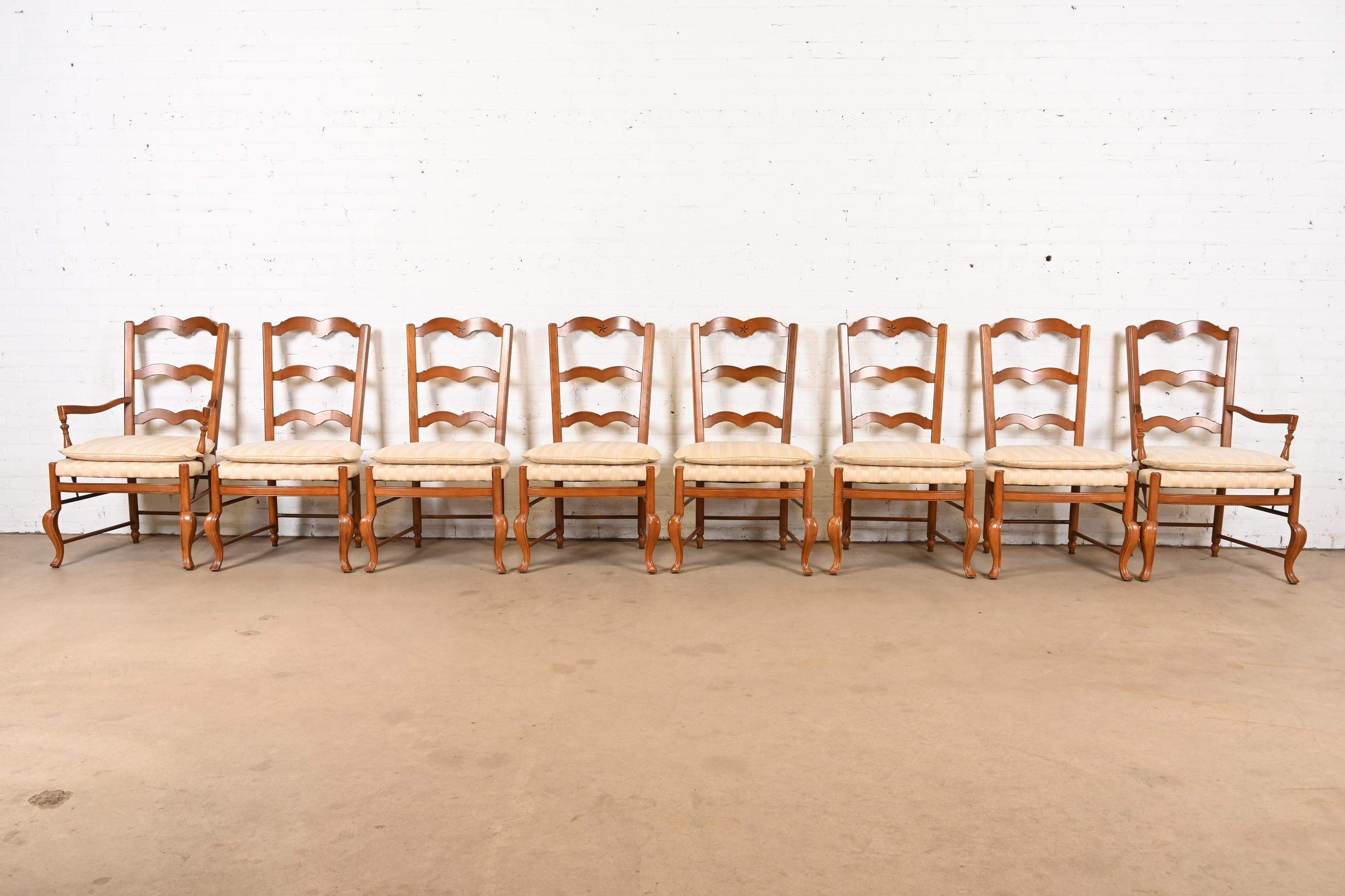 French Provincial Baker Furniture French Country Carved Solid Walnut Dining Chairs, Set of Eight For Sale