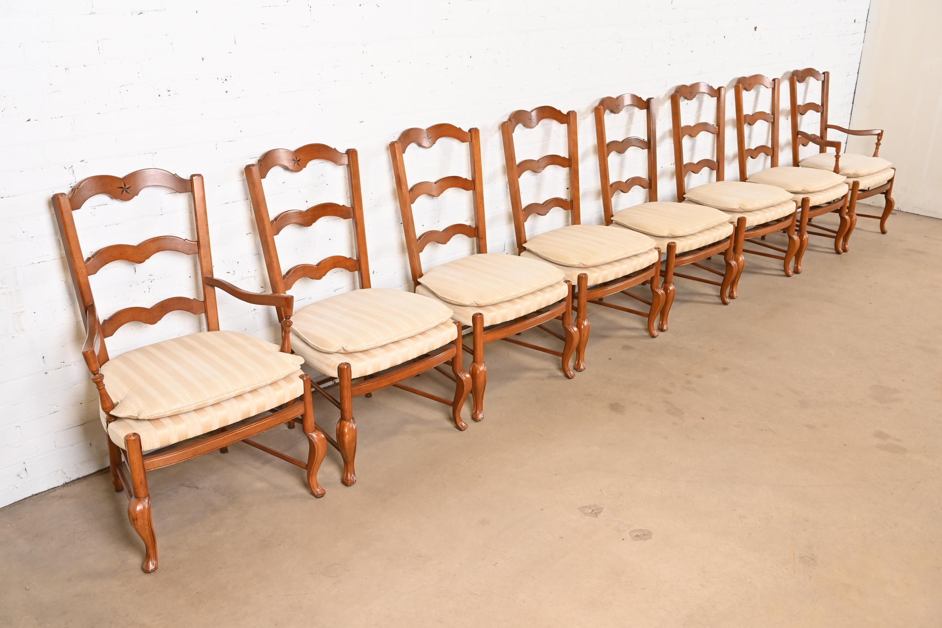 American Baker Furniture French Country Carved Solid Walnut Dining Chairs, Set of Eight For Sale