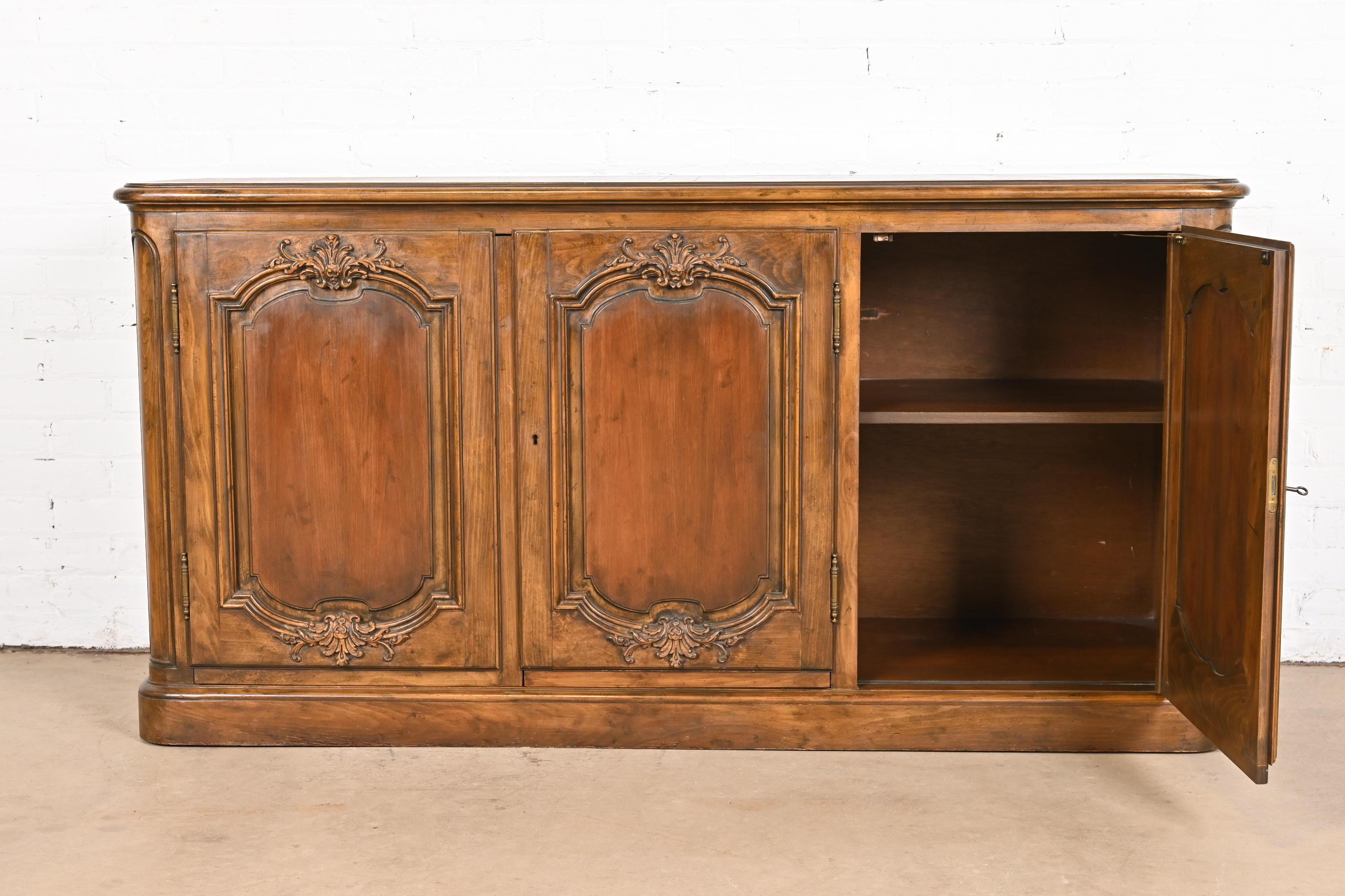 Baker Furniture French Country Carved Walnut Sideboard or Bar Cabinet, 1960s For Sale 5