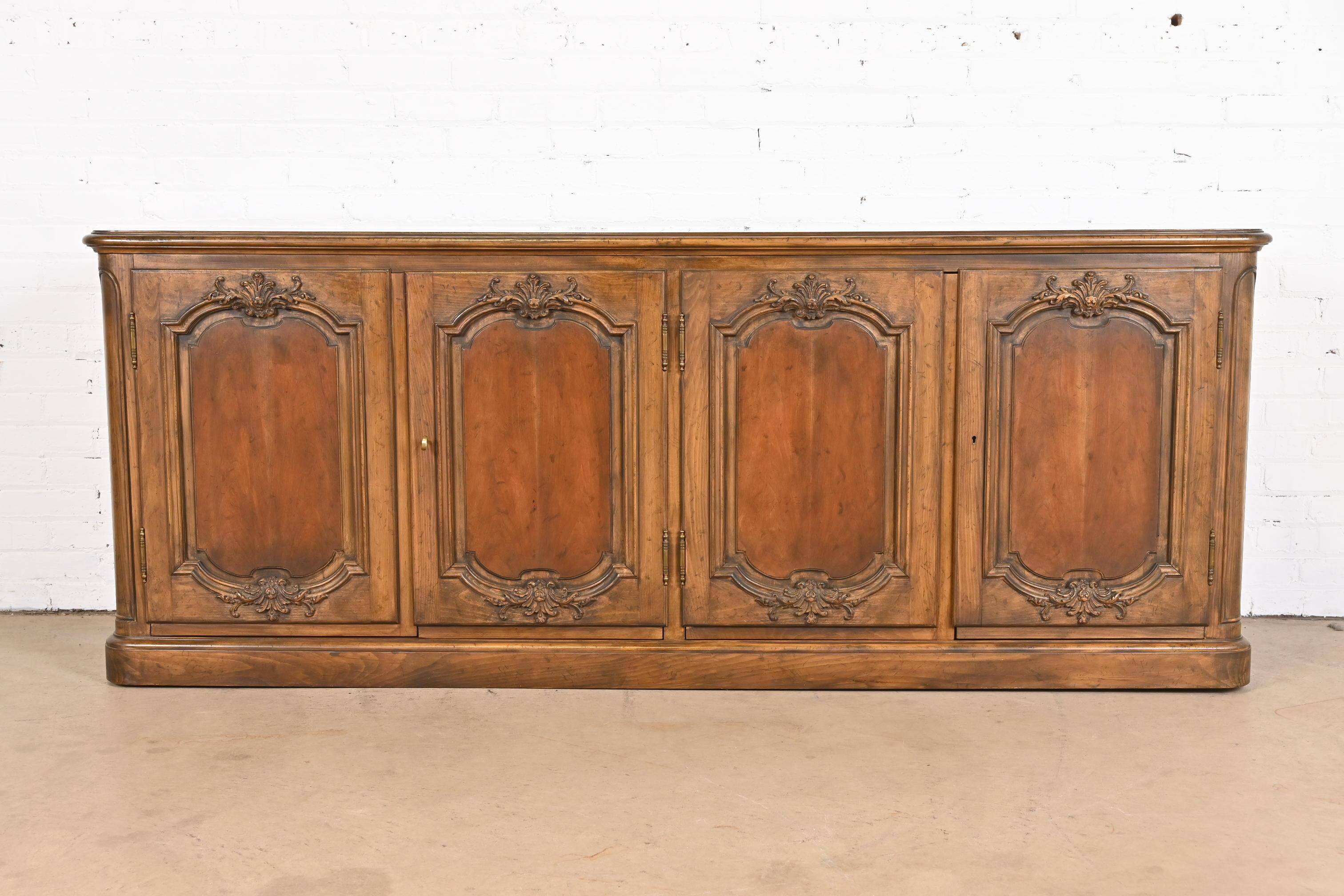 French Provincial Baker Furniture French Country Carved Walnut Sideboard or Bar Cabinet, 1960s