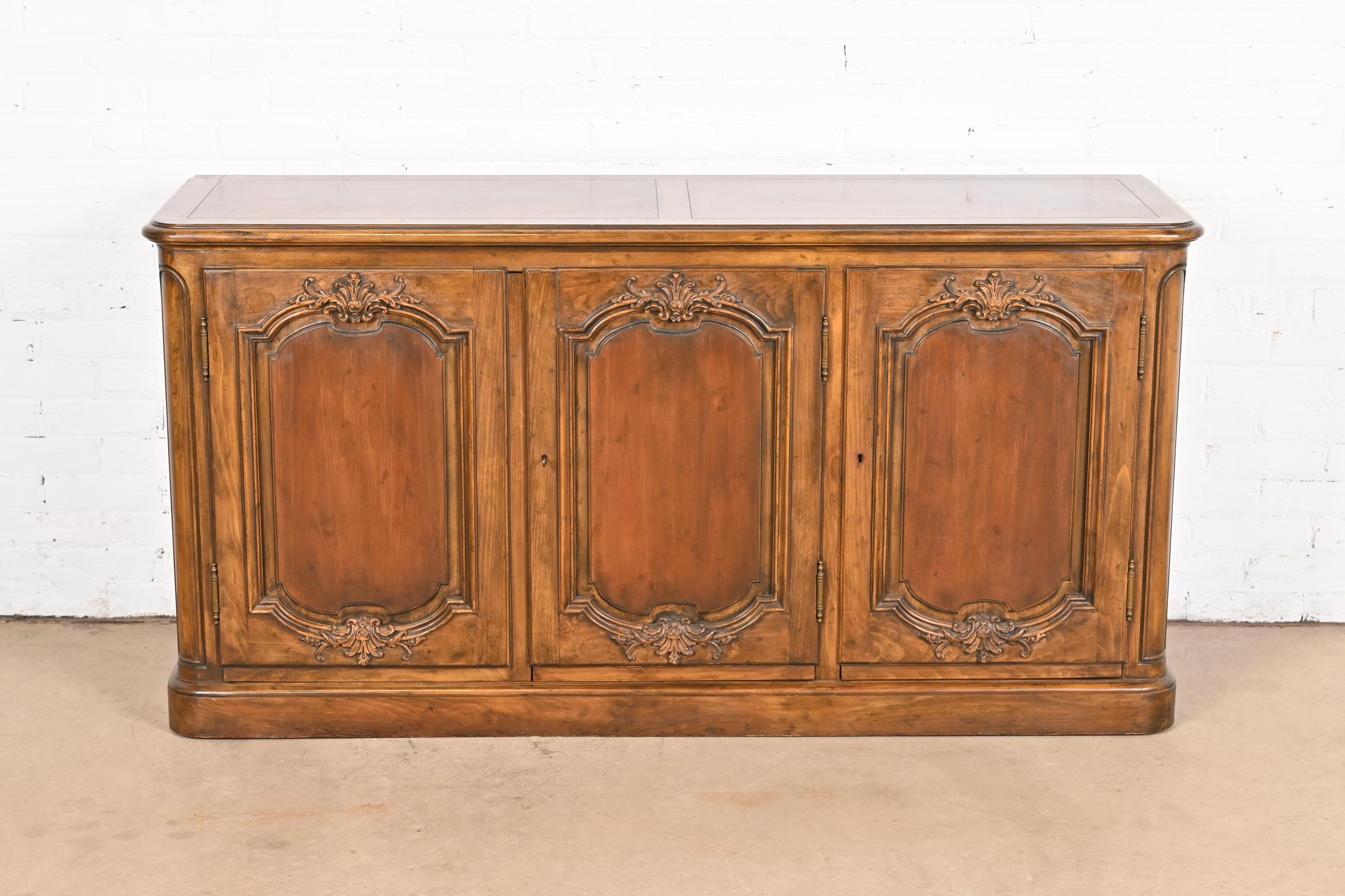 French Provincial Baker Furniture French Country Carved Walnut Sideboard or Bar Cabinet, 1960s For Sale