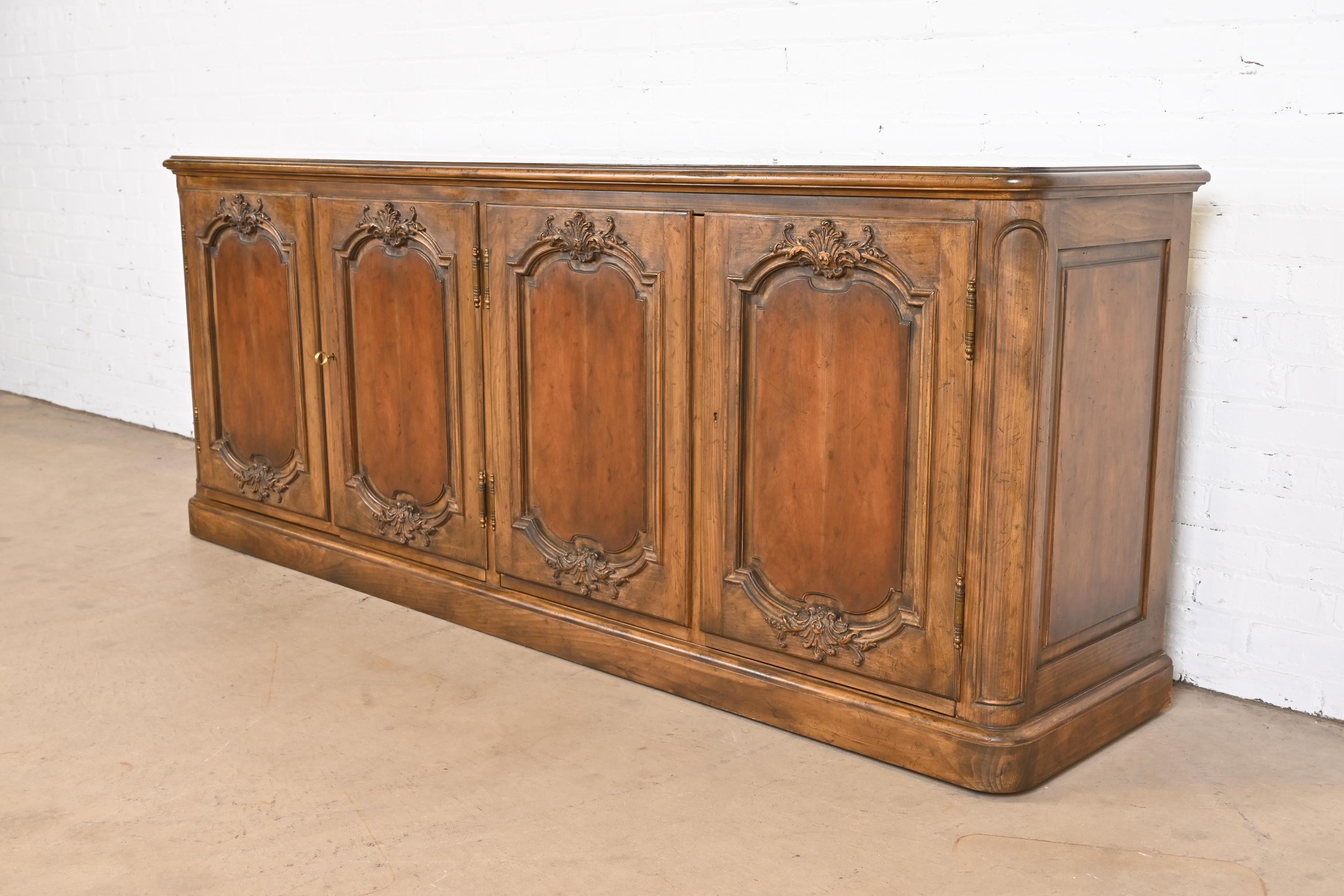 American Baker Furniture French Country Carved Walnut Sideboard or Bar Cabinet, 1960s