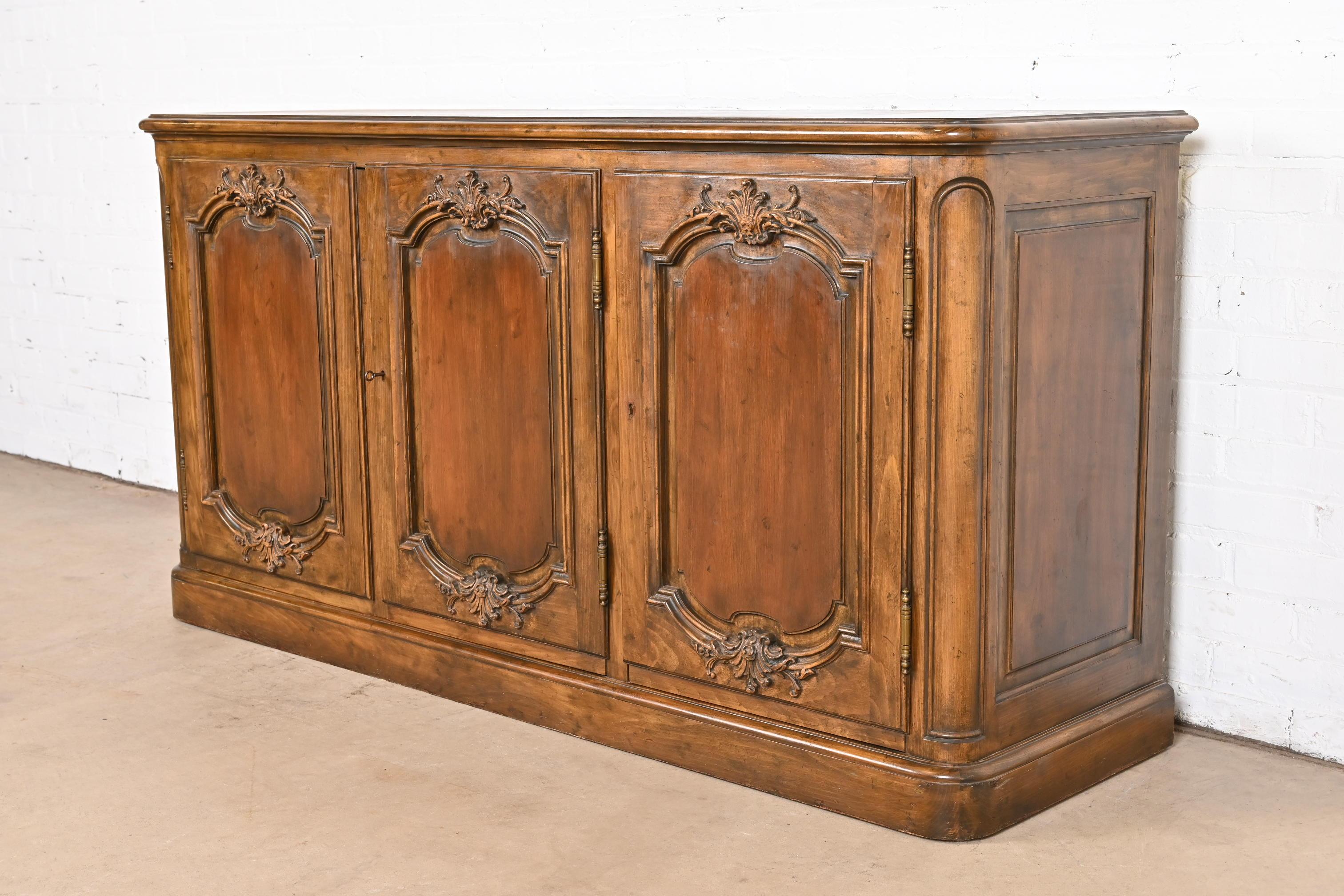 American Baker Furniture French Country Carved Walnut Sideboard or Bar Cabinet, 1960s For Sale