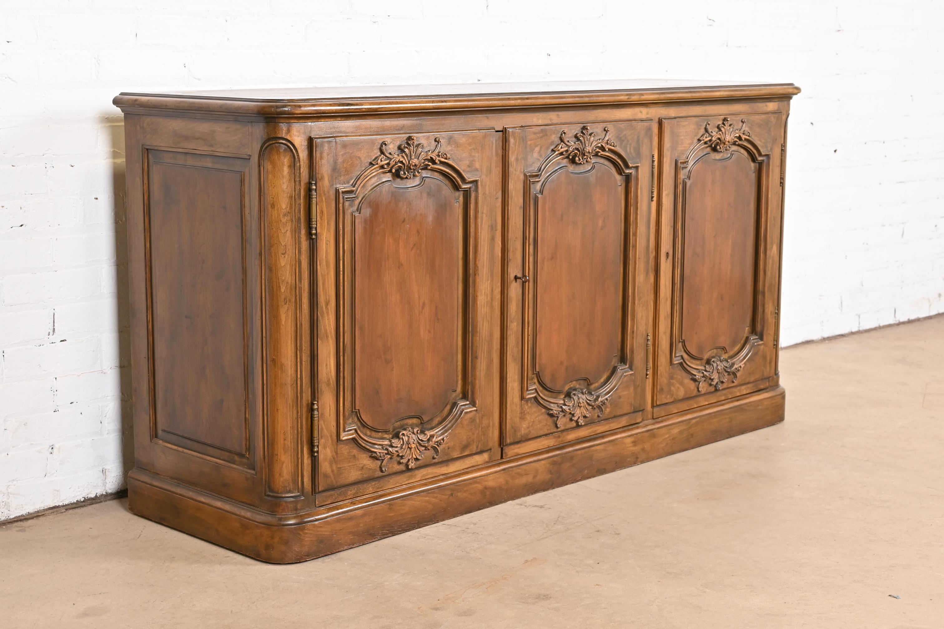 Mid-20th Century Baker Furniture French Country Carved Walnut Sideboard or Bar Cabinet, 1960s For Sale