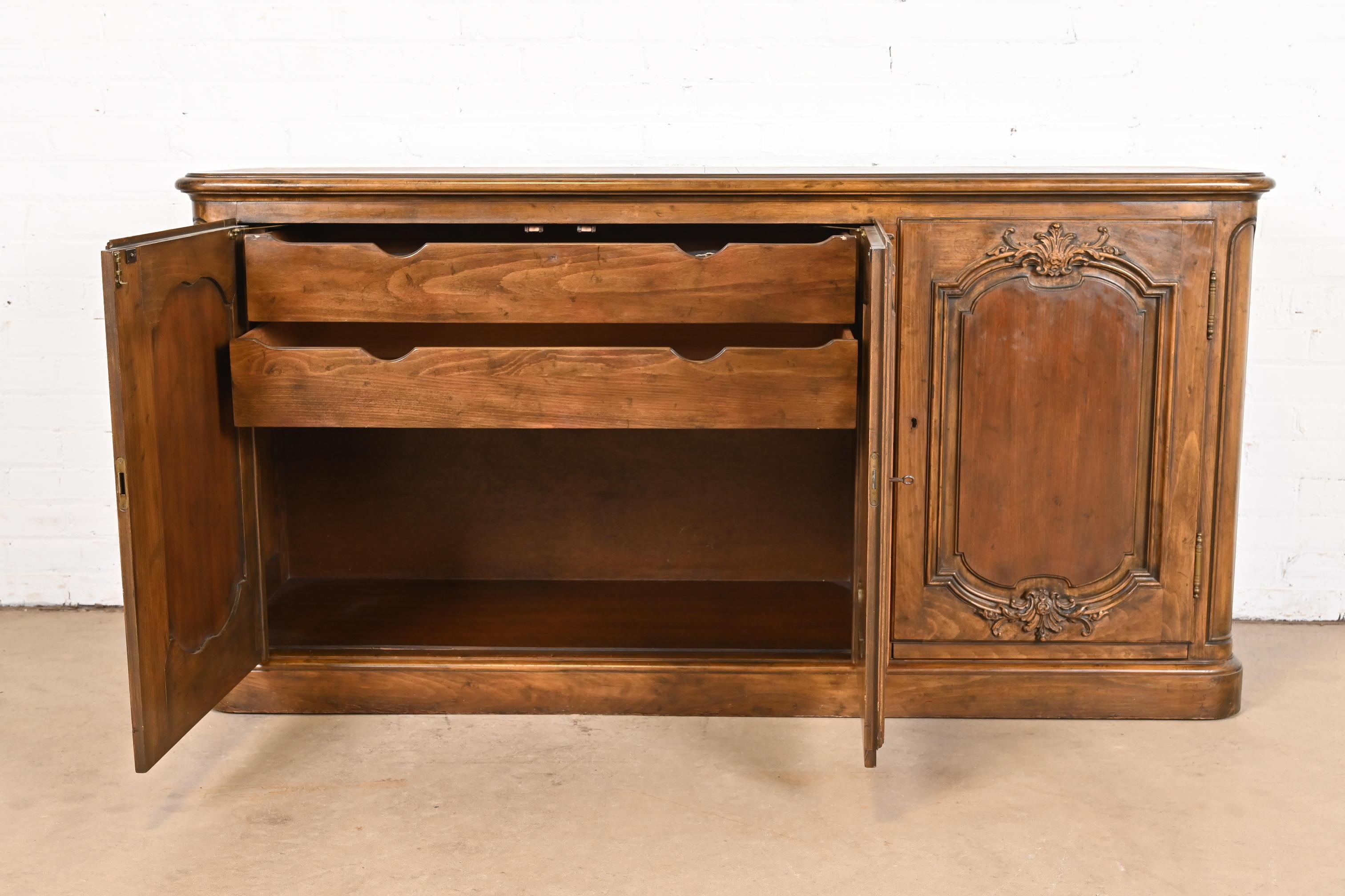 Baker Furniture French Country Carved Walnut Sideboard or Bar Cabinet, 1960s For Sale 2