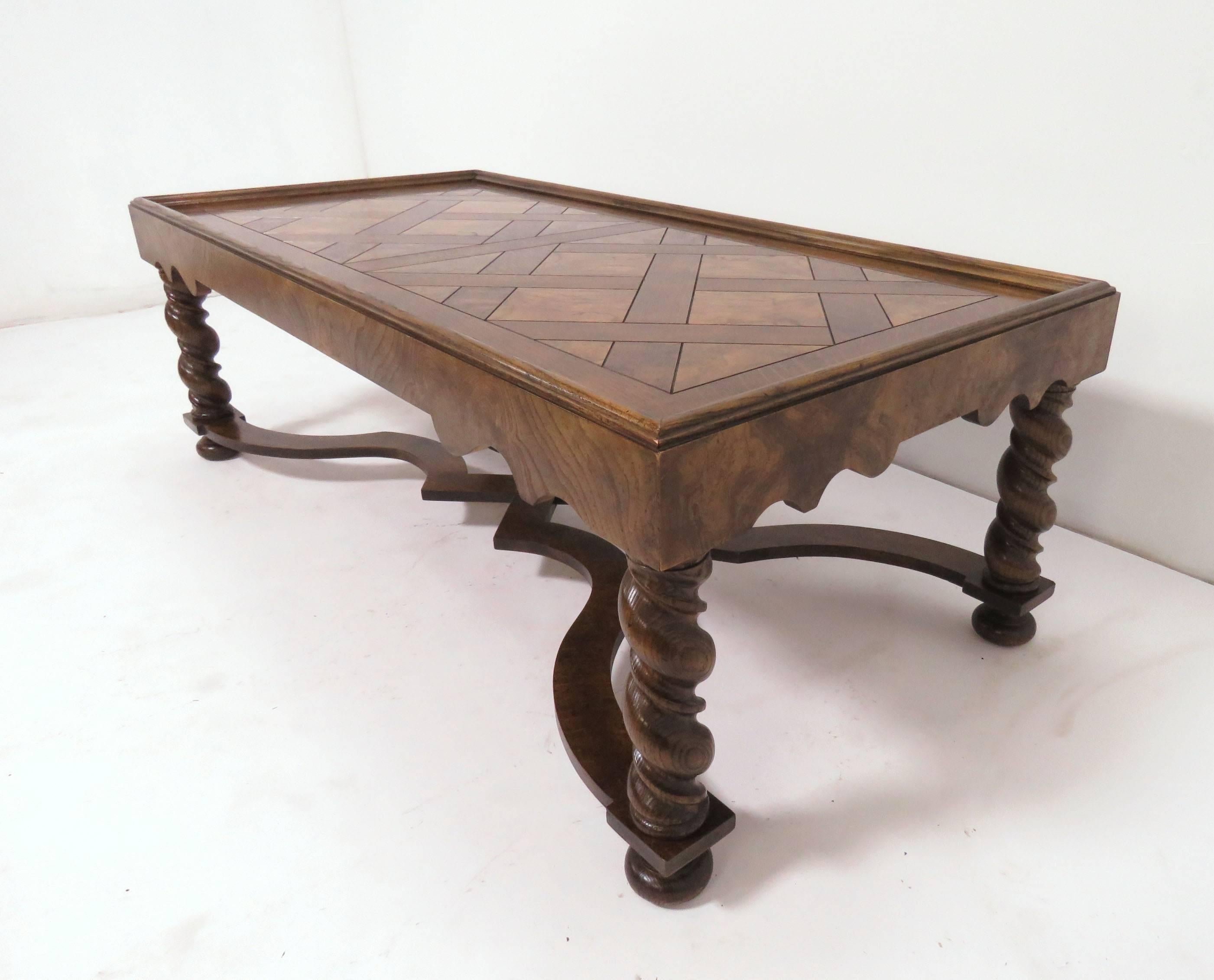 French Provincial Baker Furniture French Country Coffee Table with Parquetry Top and Carved Legs