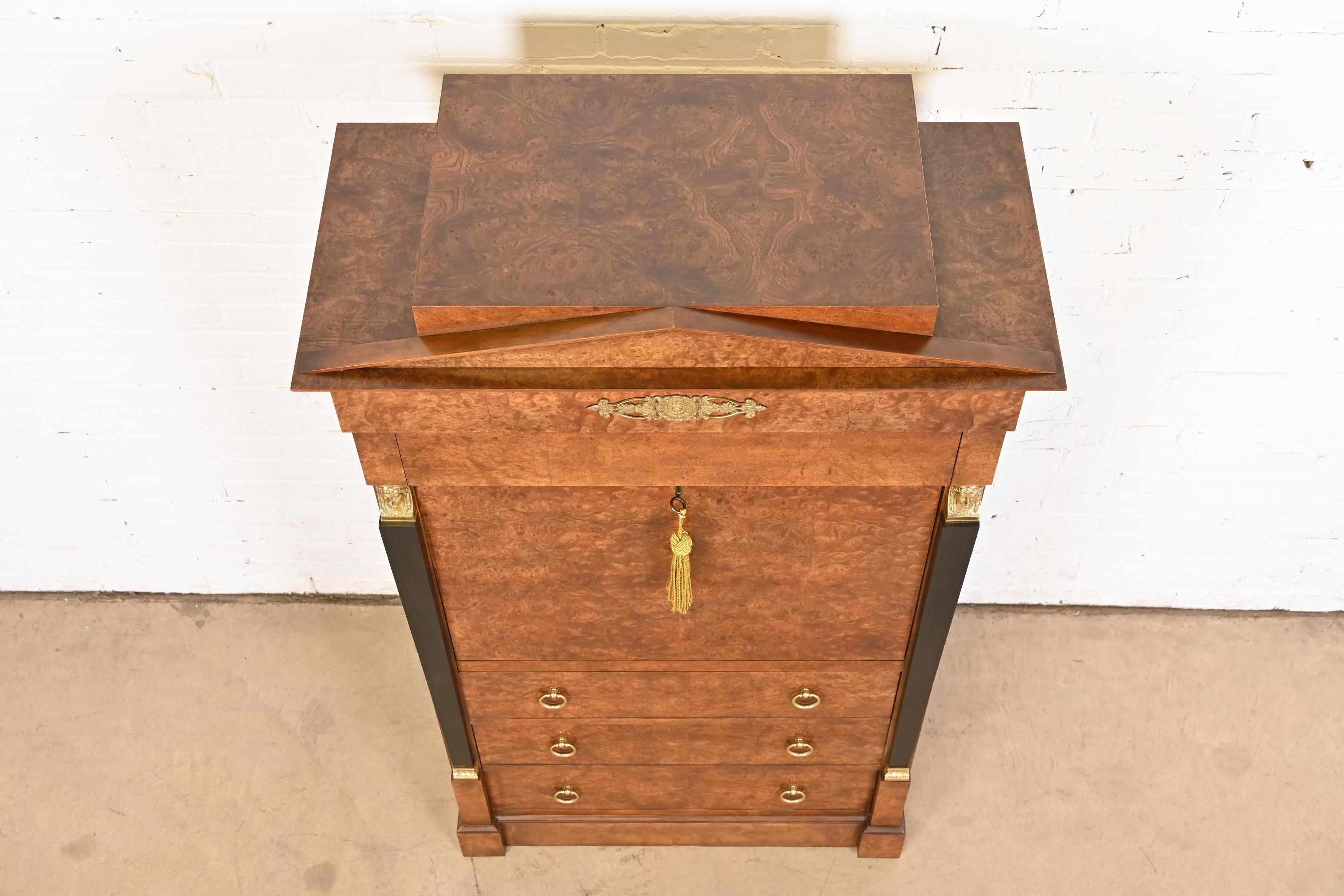Baker Furniture French Empire Burl Wood Secrétaire á Abattant With Brass Ormolu For Sale 12