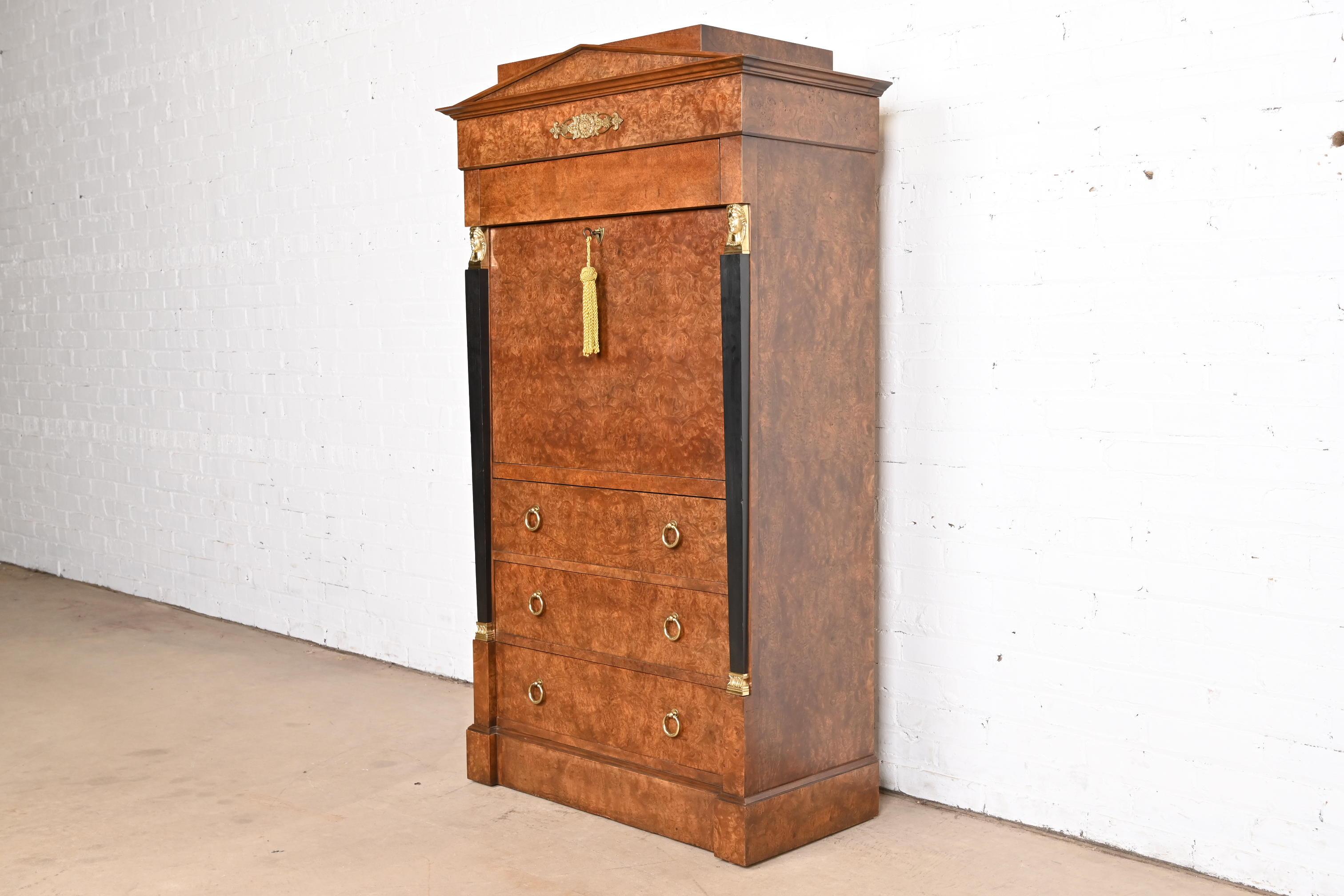 American Baker Furniture French Empire Burl Wood Secrétaire á Abattant With Brass Ormolu For Sale