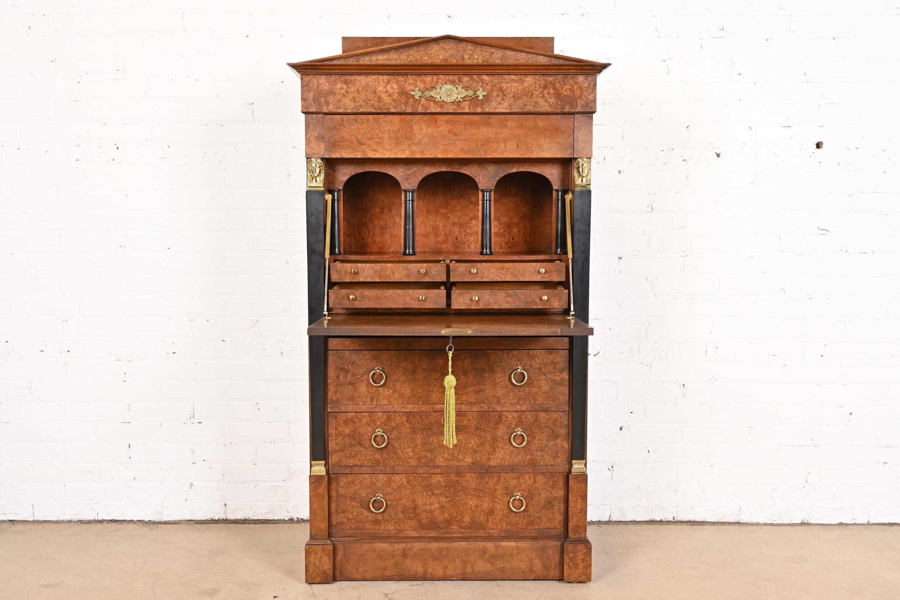 Late 20th Century Baker Furniture French Empire Burl Wood Secrétaire á Abattant With Brass Ormolu For Sale