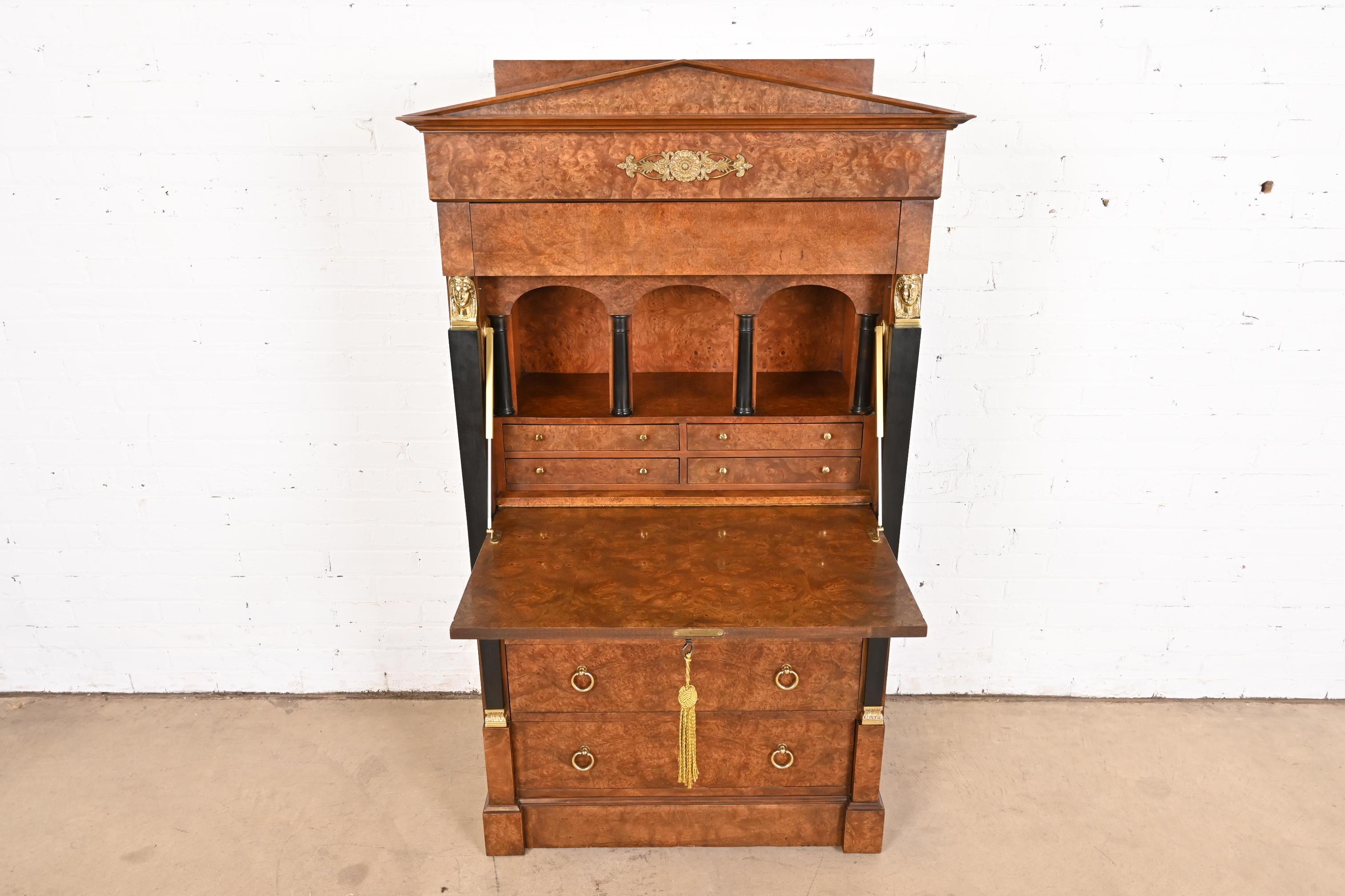 Baker Furniture French Empire Burl Wood Secrétaire á Abattant With Brass Ormolu For Sale 1