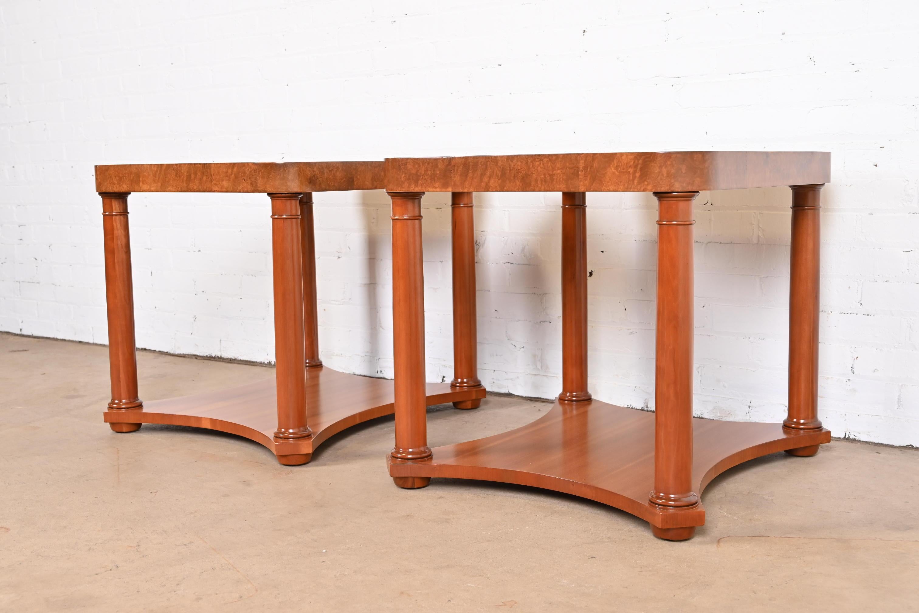 Mid-20th Century Baker Furniture French Empire Cherry and Burl Side Tables, Newly Refinished For Sale