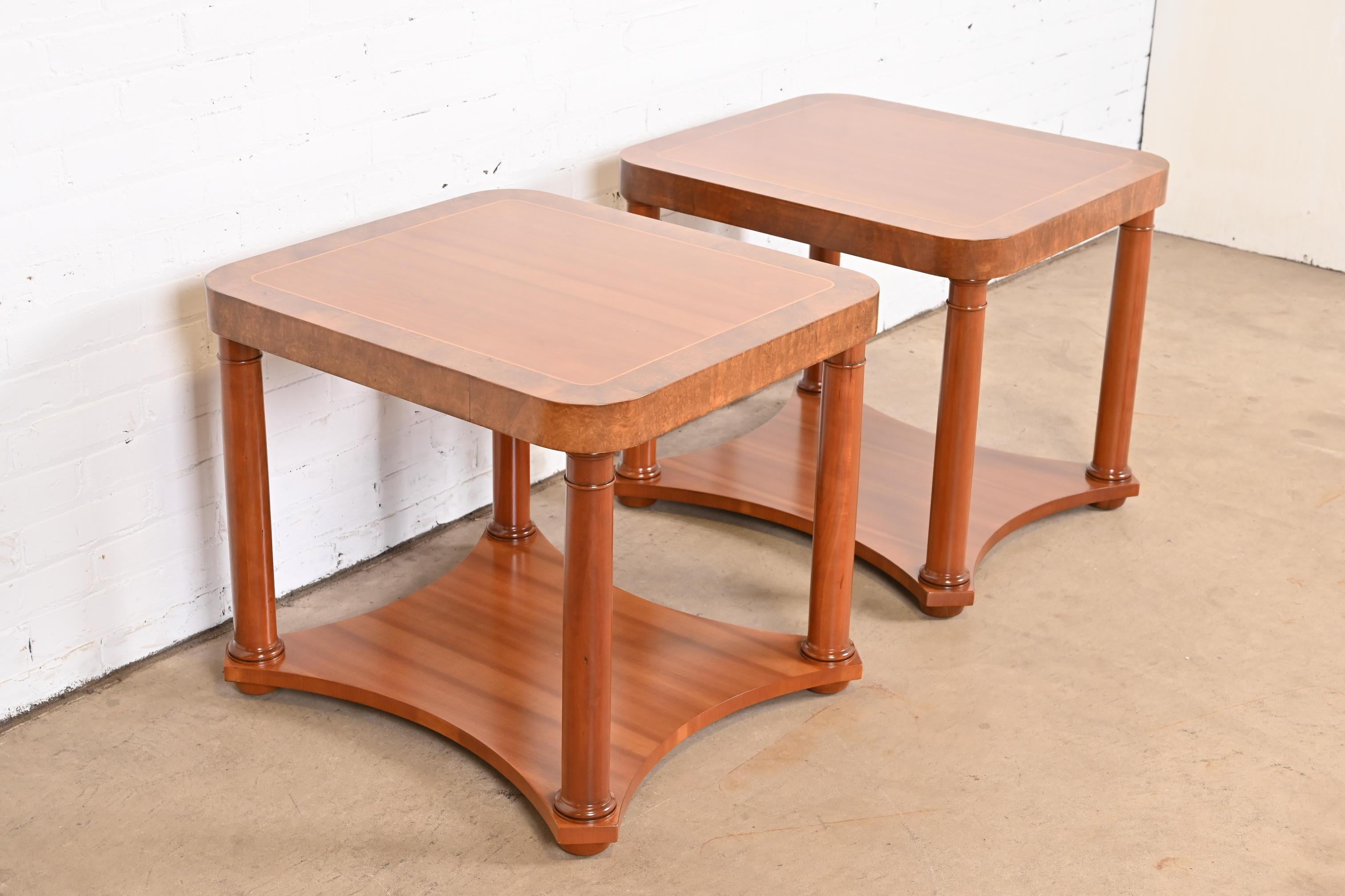 Baker Furniture French Empire Cherry and Burl Side Tables, Newly Refinished For Sale 1