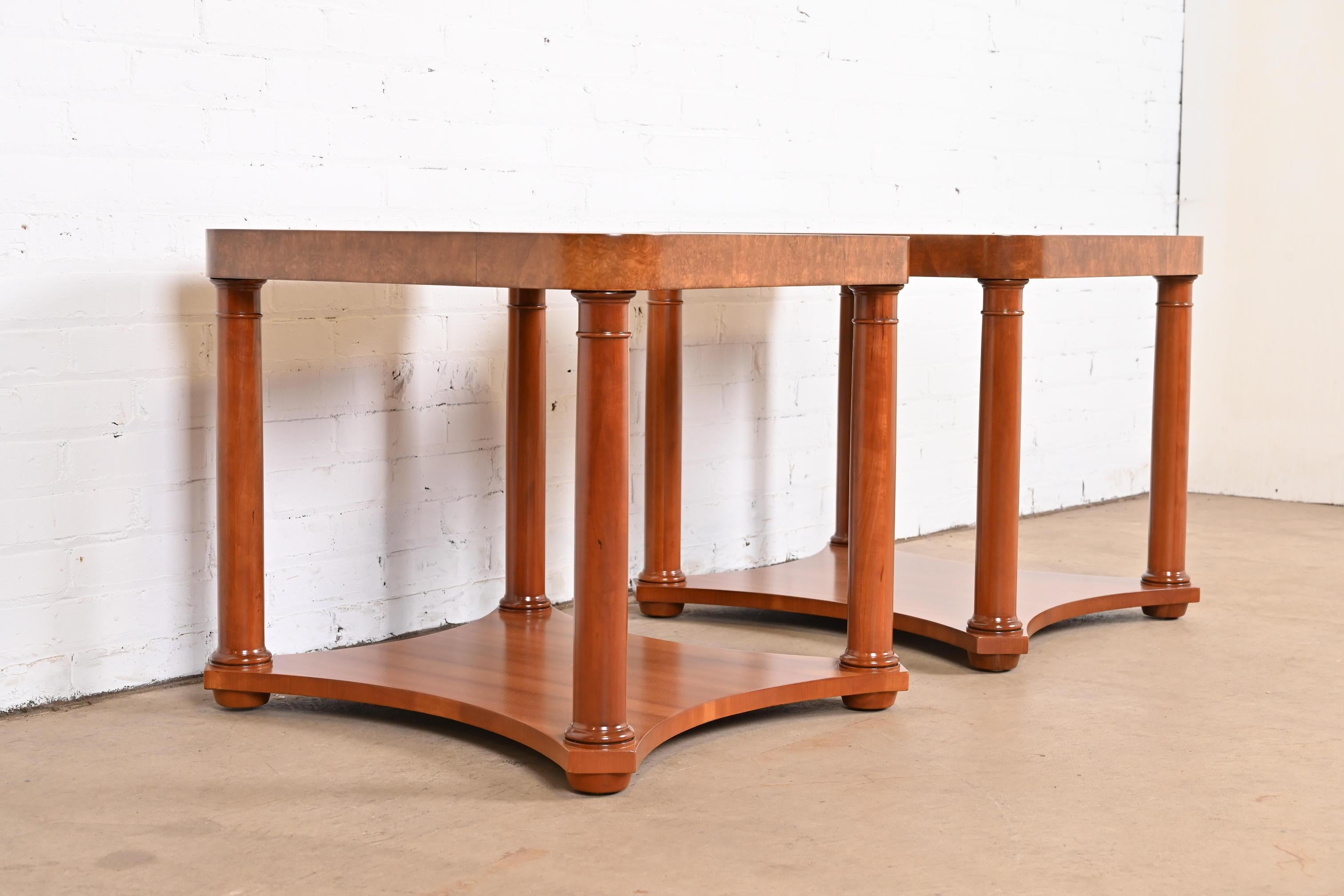 Baker Furniture French Empire Cherry and Burl Side Tables, Newly Refinished For Sale 2