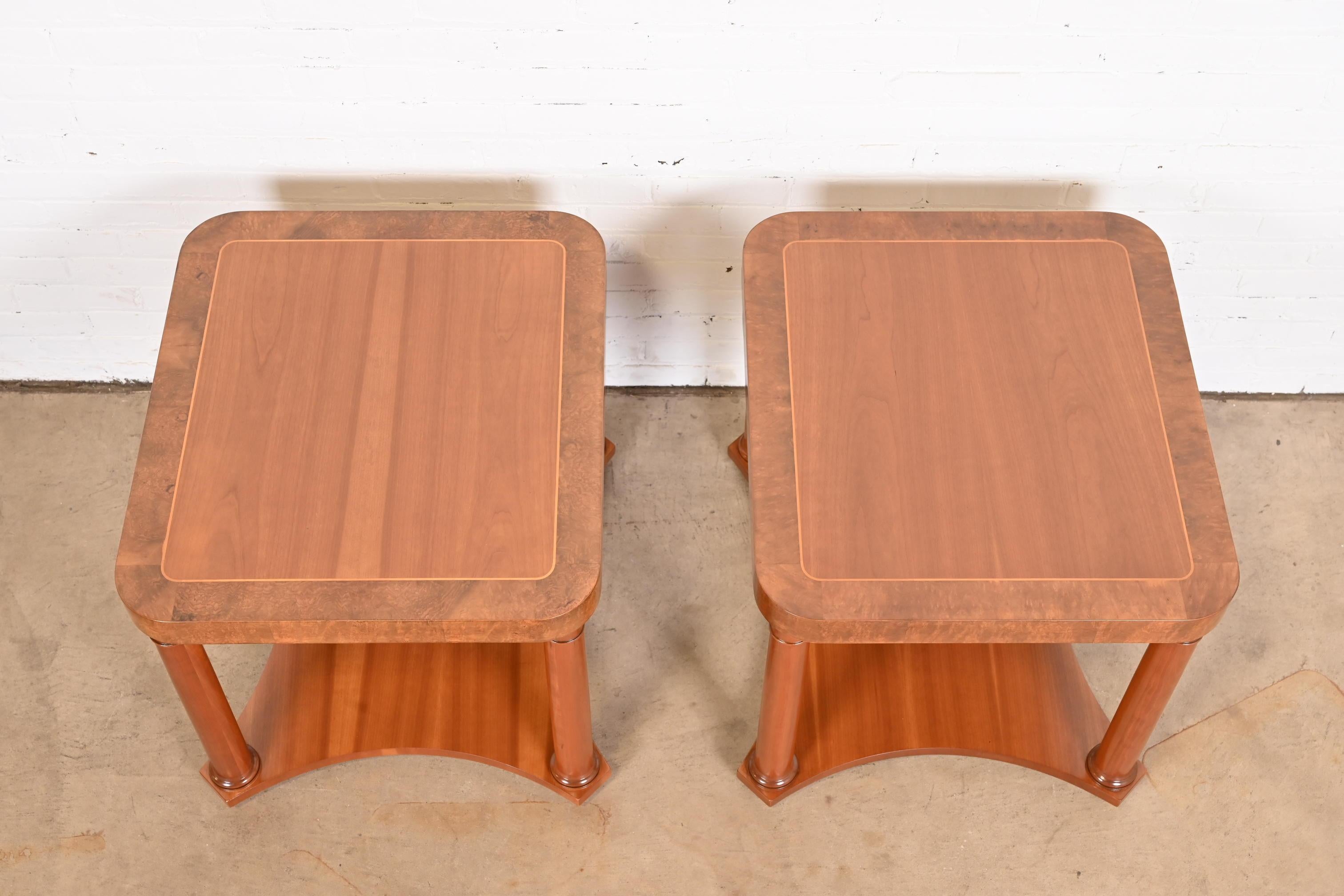 Baker Furniture French Empire Cherry and Burl Side Tables, Newly Refinished For Sale 3